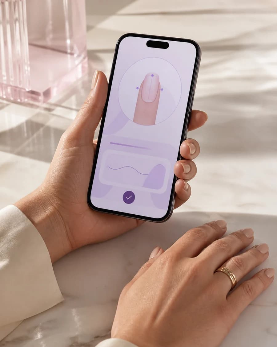 A private nail profile displayed on a phone beside natural hands