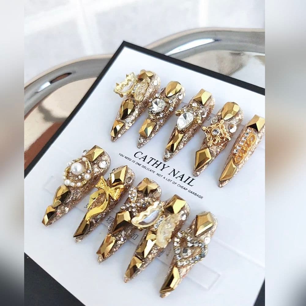 Golden Armor Archangel Gabriel Luxury Press-On Nails – Ultimate Power Handmade Nail Art image