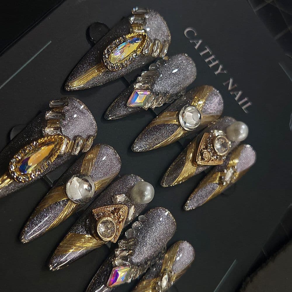 Luxury Gold Glitter Cat-Eye Press-On Nails – Heavy Embellished Custom Handmade Nail Art image