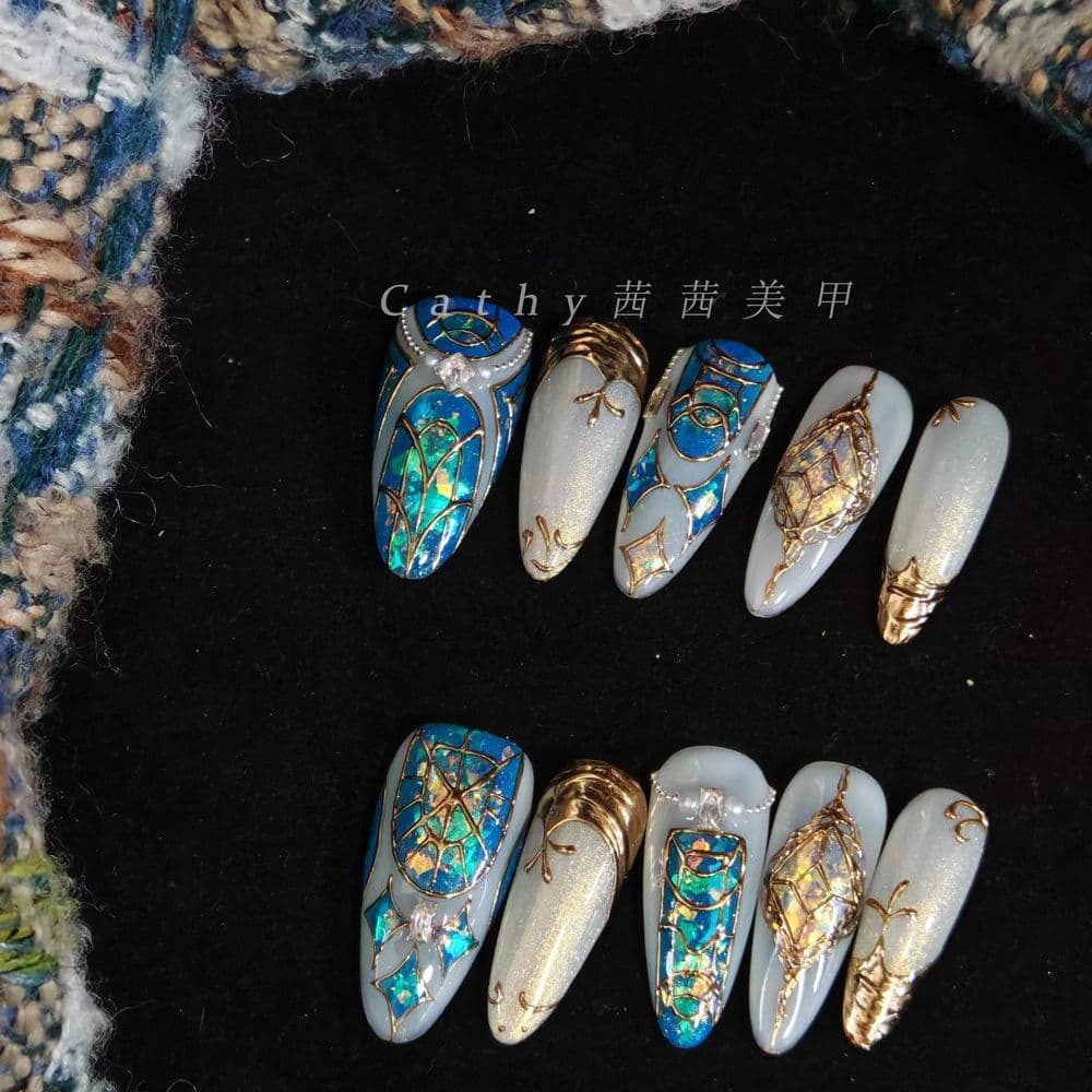 Tibetan Princess Exotic Press-On Nails – Church Window Patterns & Western Regions Inspired Handmade Nail Art image