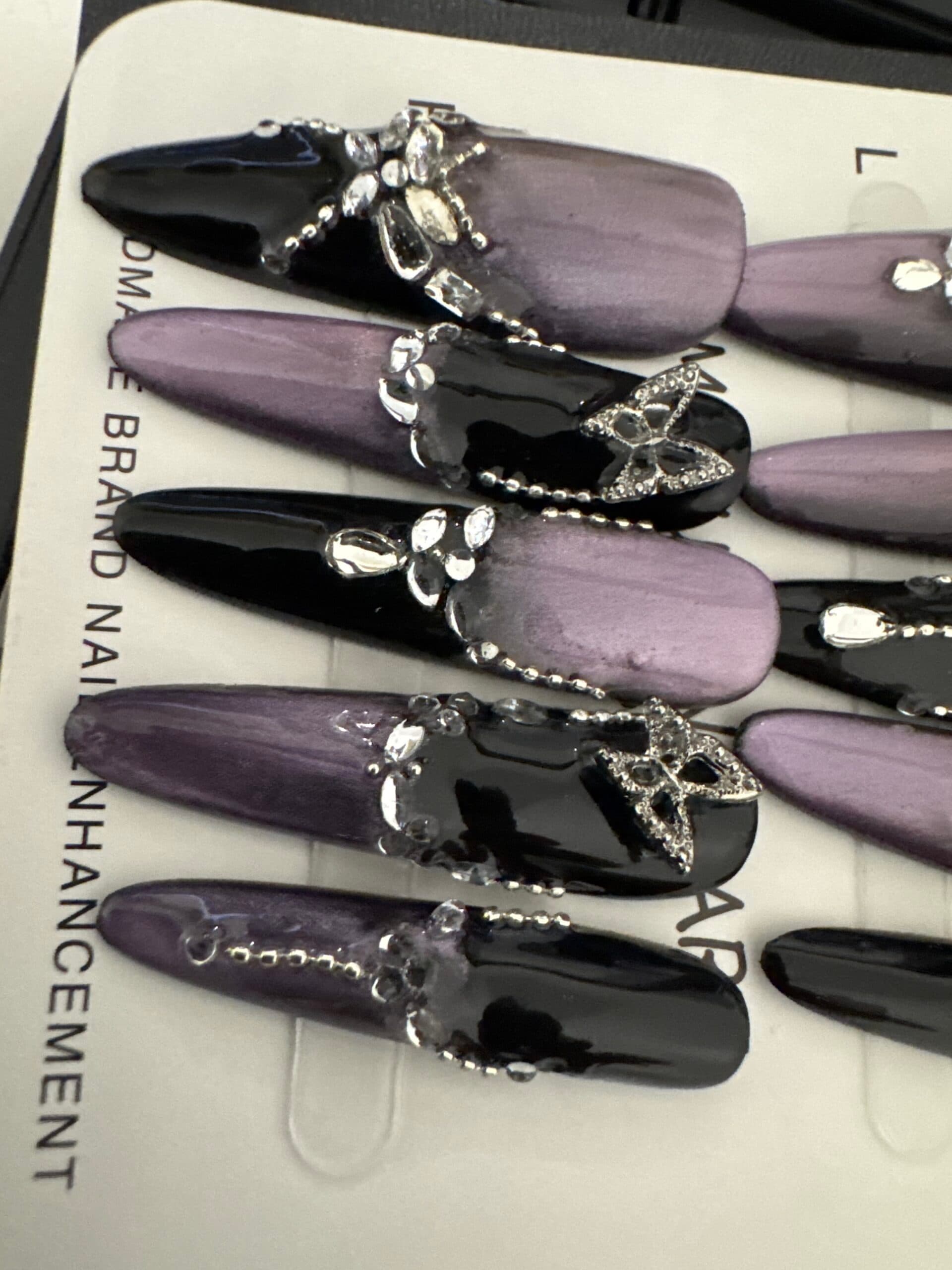 Long Black & Metallic Purple Butterfly Press-On Nails image
