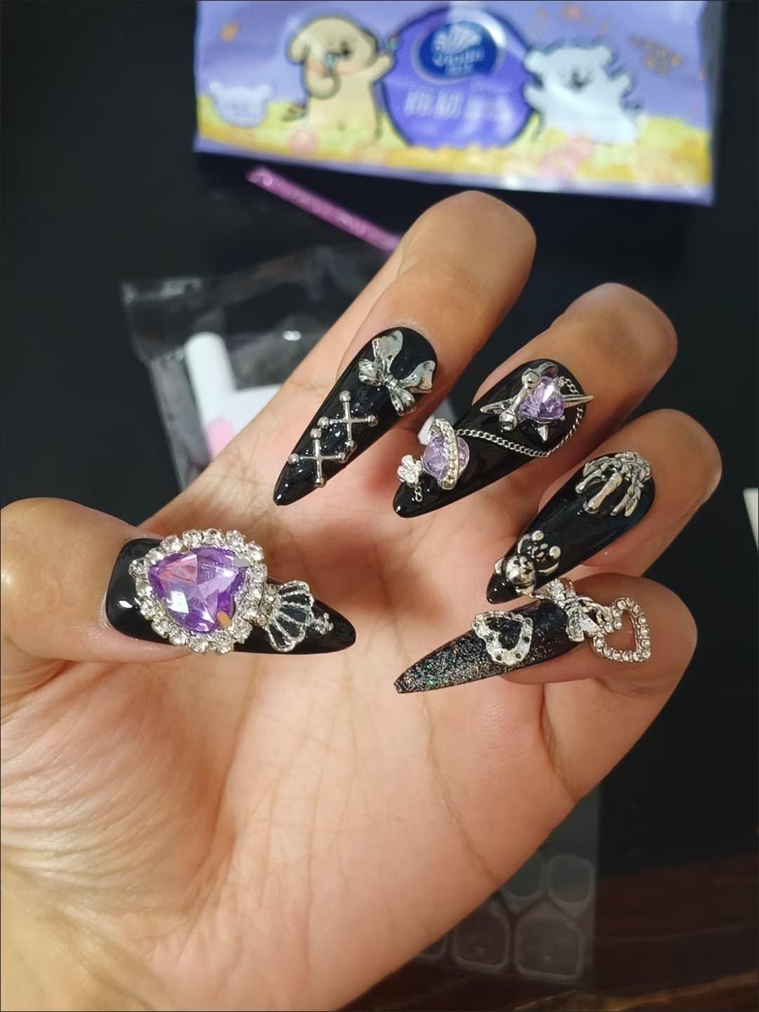 Luxury Gothic Press On Nails Black Purple 3D Crystal Charm Stiletto Nails image