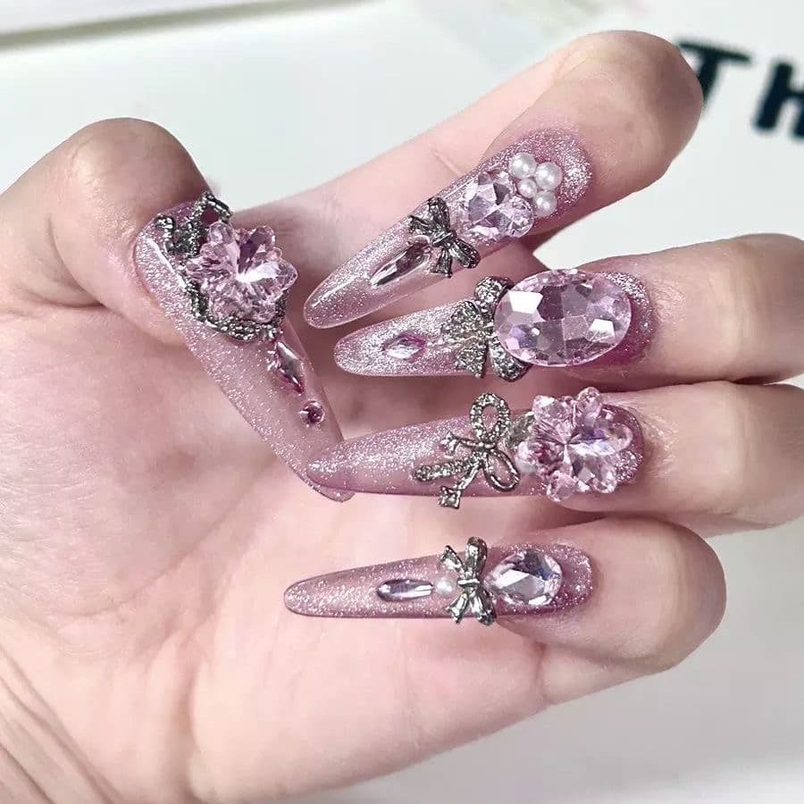 Luxury Pink Crystal Press On Nails Long Stiletto Rhinestone Bow Nails image