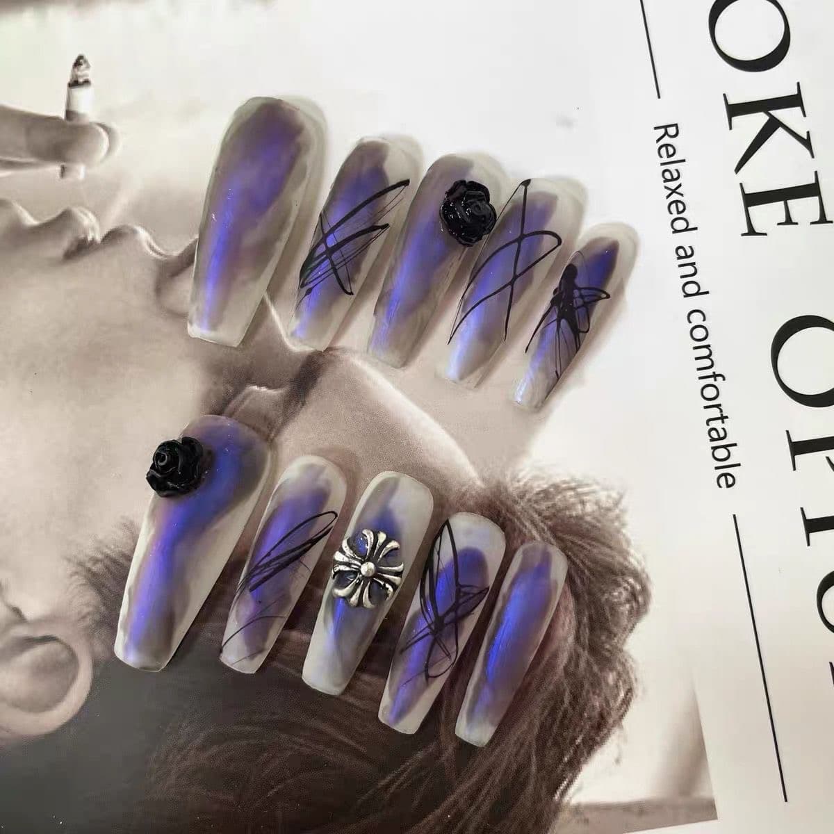 Handmade Purple Aura Press On Nails Gothic Rose Chrome Butterfly Long Coffin image