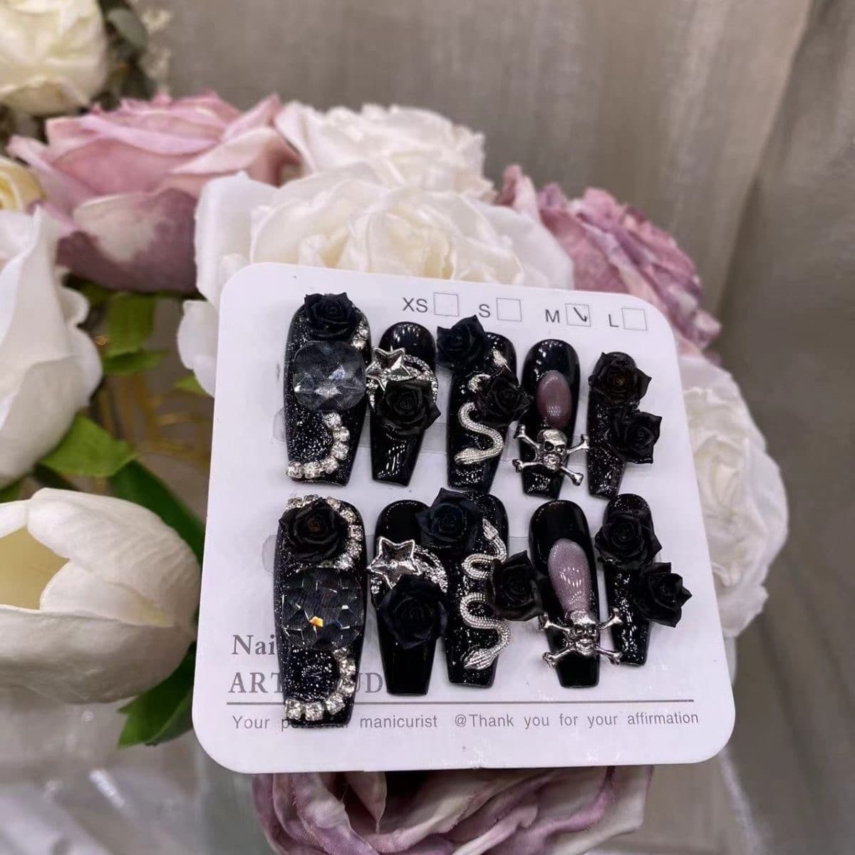 Dark Gothic Black Rose Press On Nails 3D Skull Snake Long Coffin Nails image