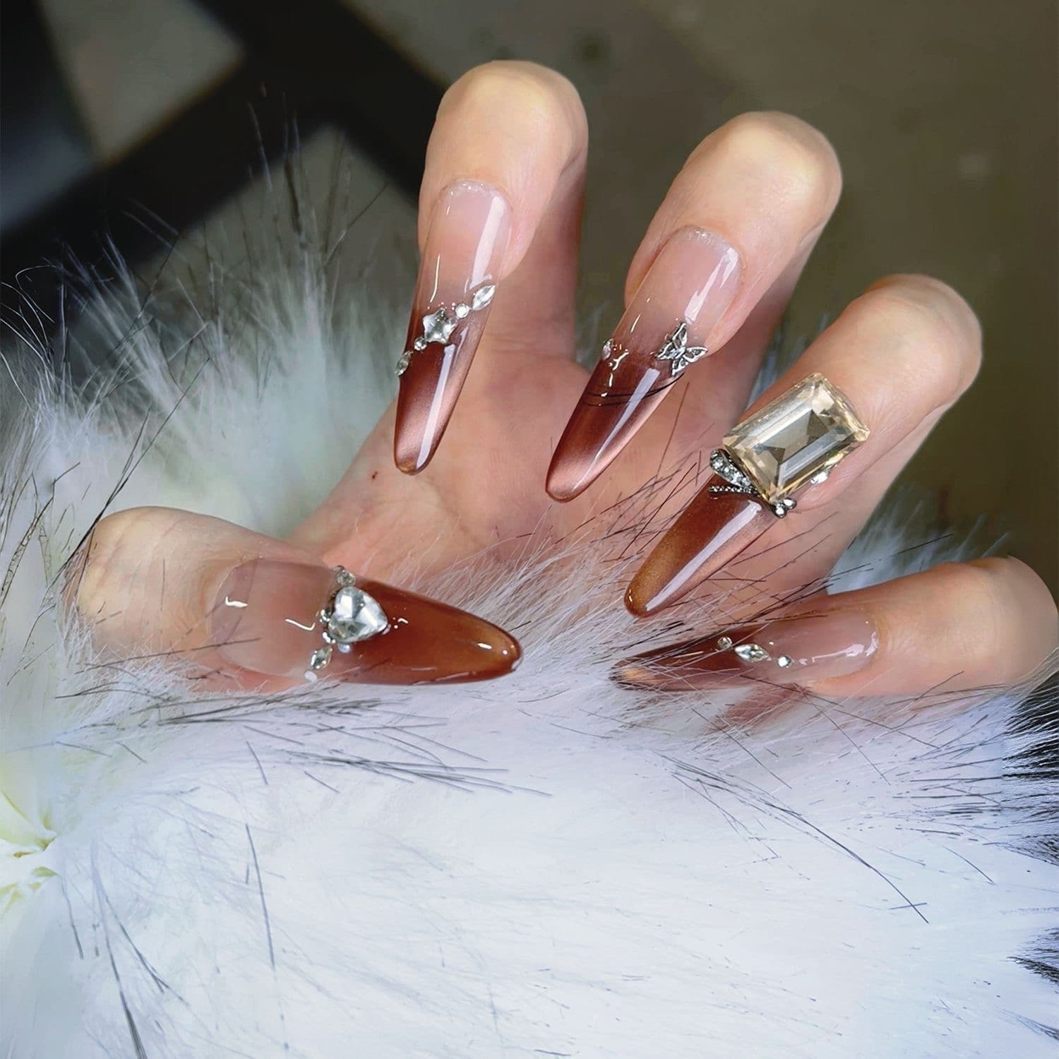 Brown Ombre Press On Nails Crystal Rhinestone Nude French Stiletto Set image