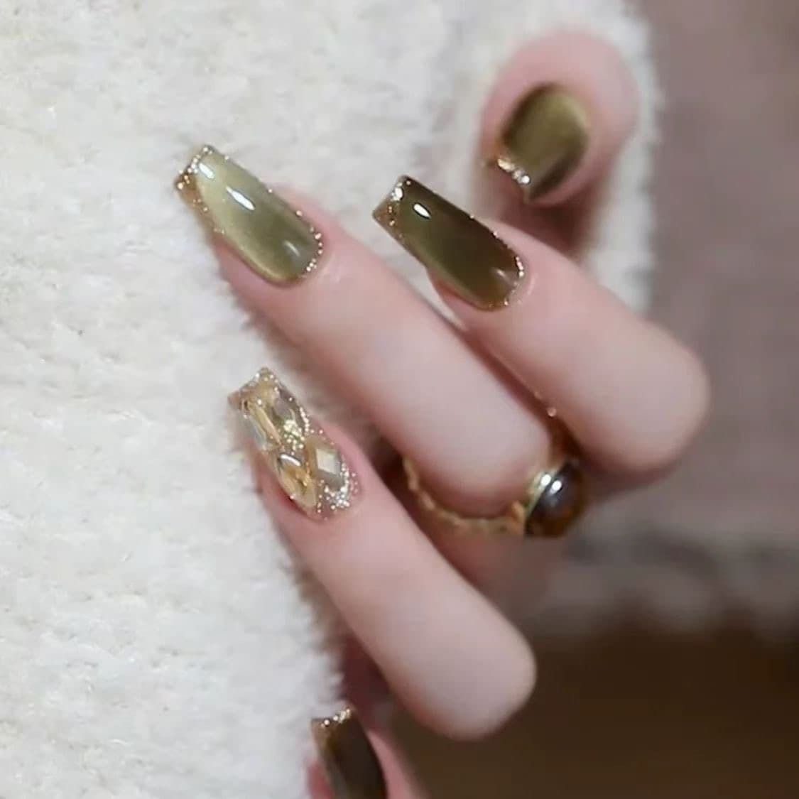 Olive Green Press On Nails Gold Foil Short Square Glossy Handmade Nail Set image