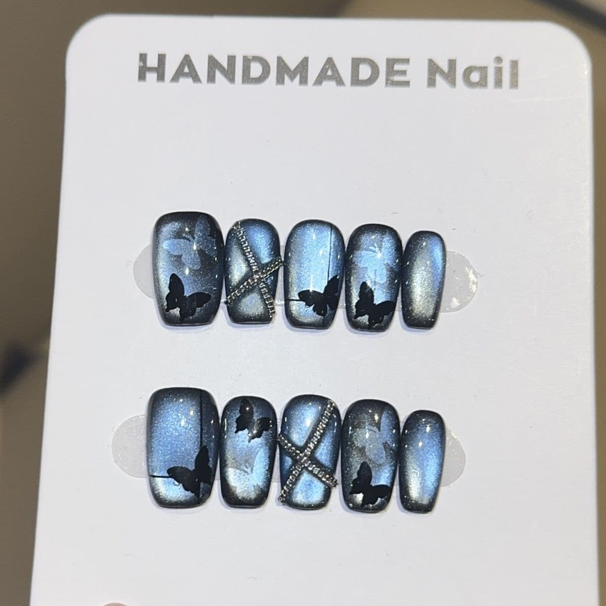 Blue Cat Eye Butterfly Press On Nails Short Square Glitter Handmade Nail Set image