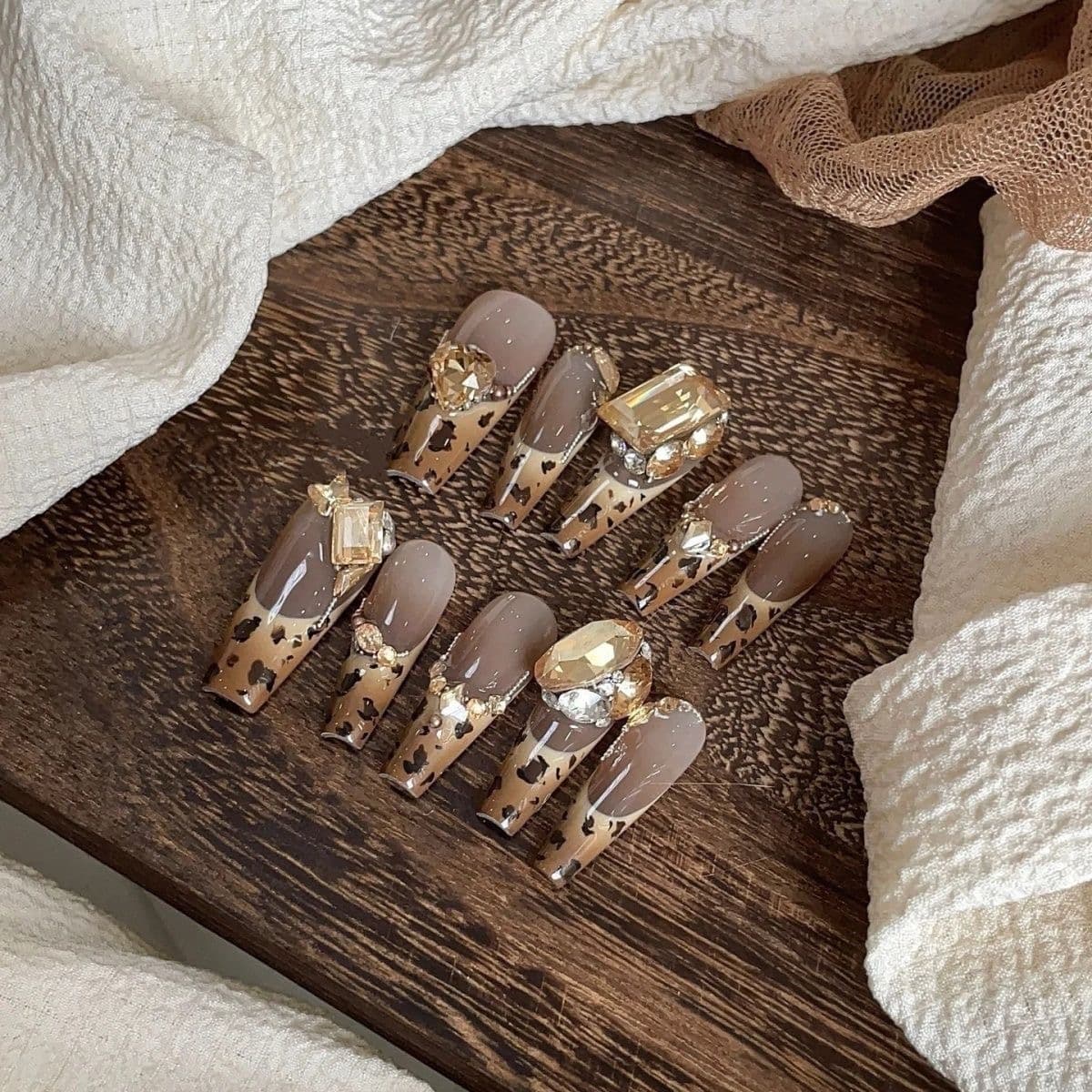 Luxury Leopard Print Press On Nails Brown Nude Crystal Coffin Nail Set image