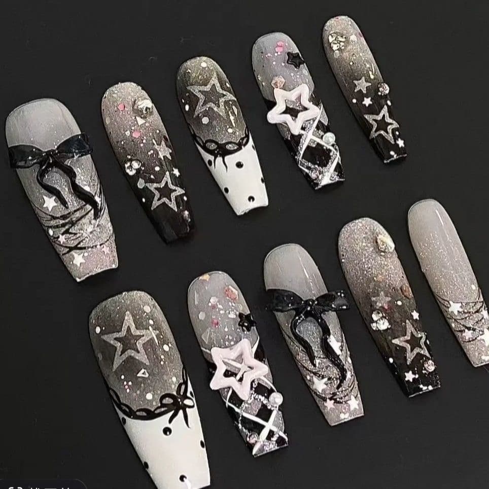 Gothic Y2K Press On Nails White Black Star Ribbon Glitter Fake Nail Set image