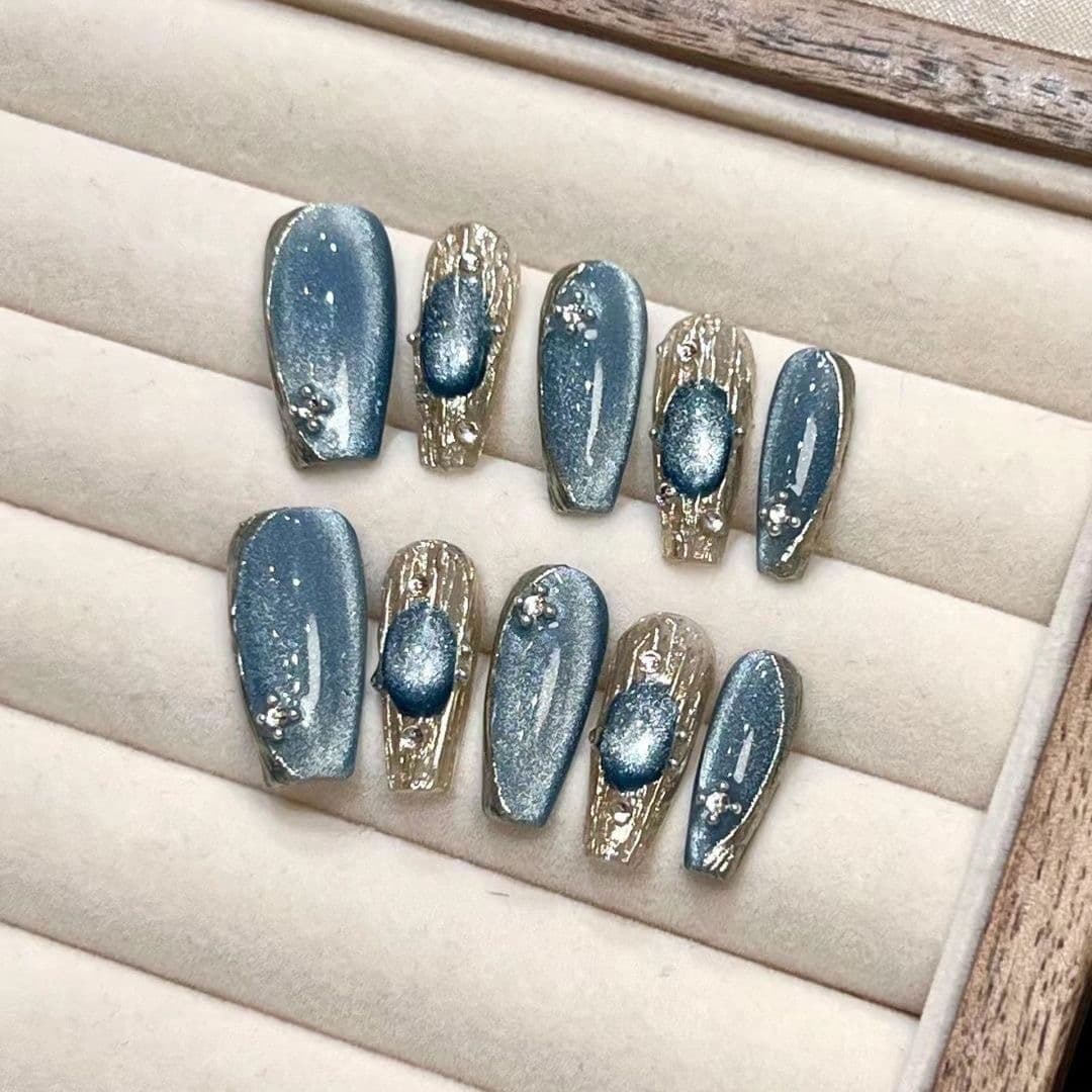 Blue Cat Eye Press On Nails Coffin Glitter Chrome Luxury Handmade Nail Set image