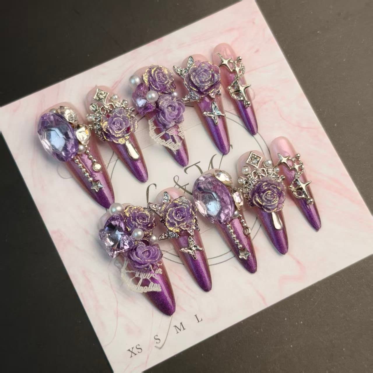 Bling Purple Rose Press On Nails Rhinestone Butterfly Long Stiletto Set image