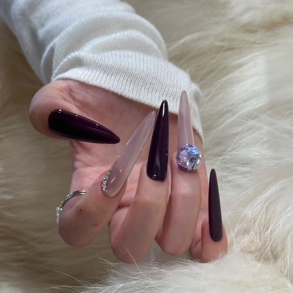 Luxury Purple Stiletto Press On Nails Rhinestone Crystal Long False Nails image