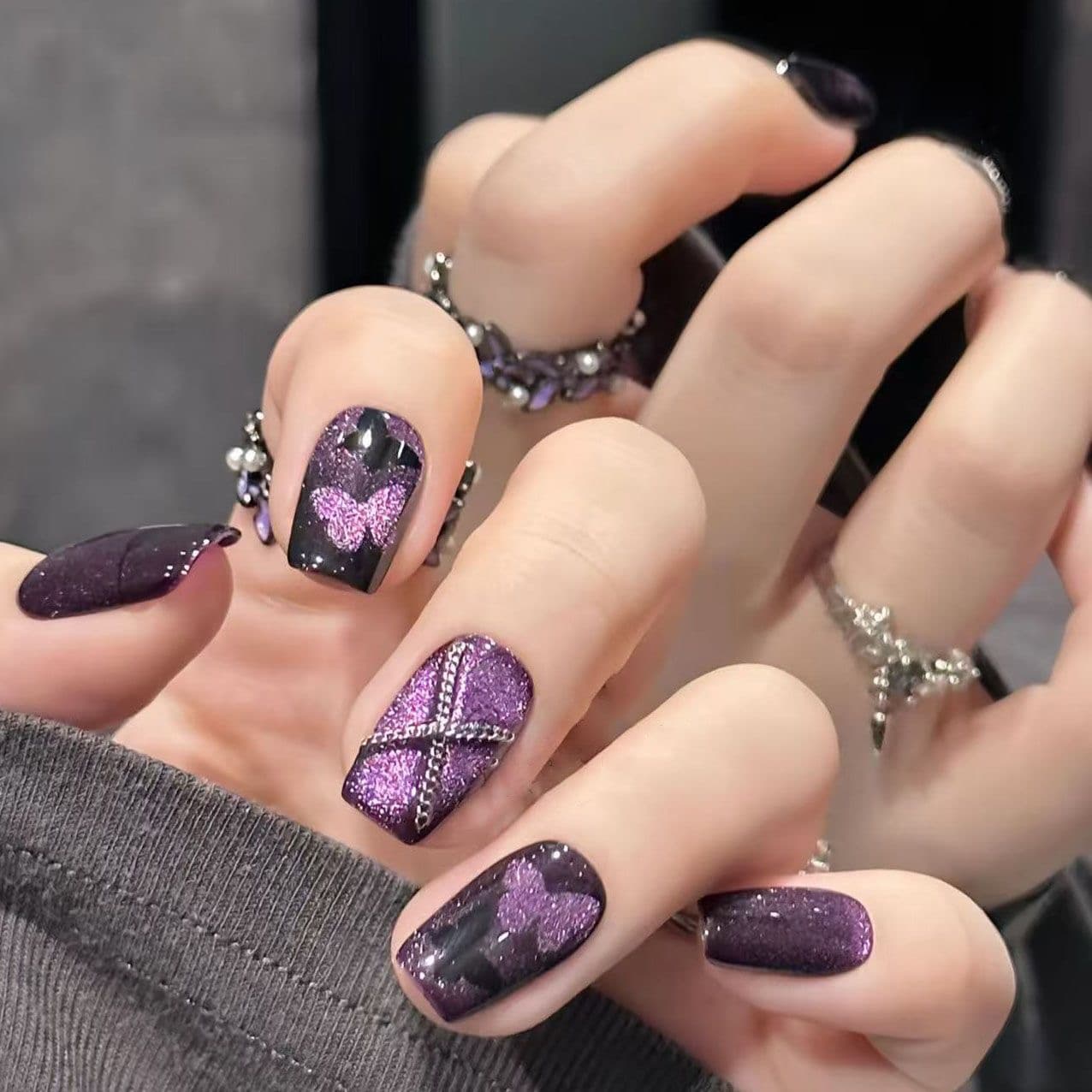 Purple Butterfly Press On Nails Cat Eye Glitter Short Square Handmade Nail Set image