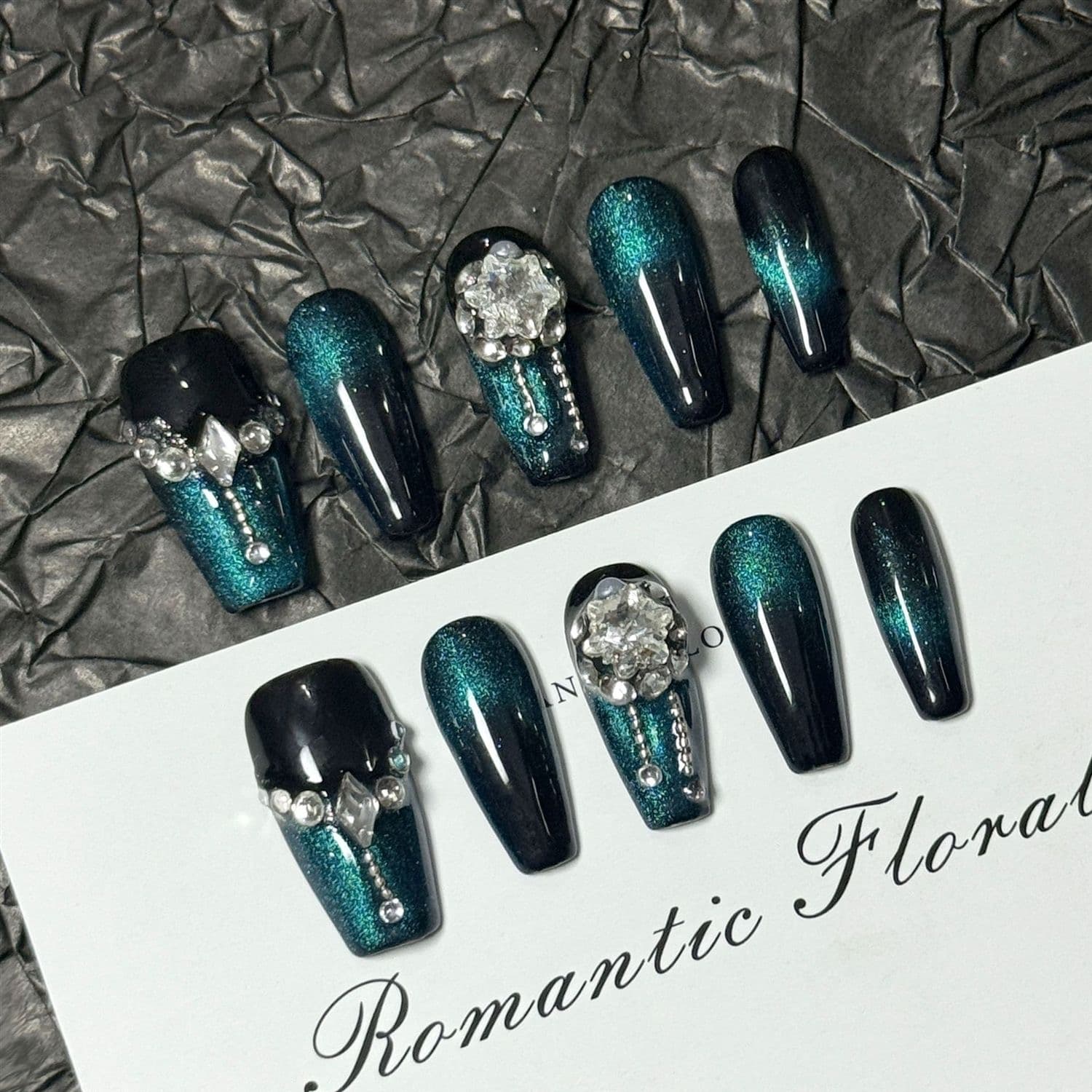 Teal Cat Eye Press On Nails Rhinestone Luxury Handmade Glossy Coffin Set image