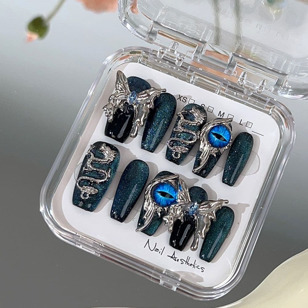 Mystic Dragon Eye Press On Nails Fantasy Blue Cat Eye Nail Art Set image