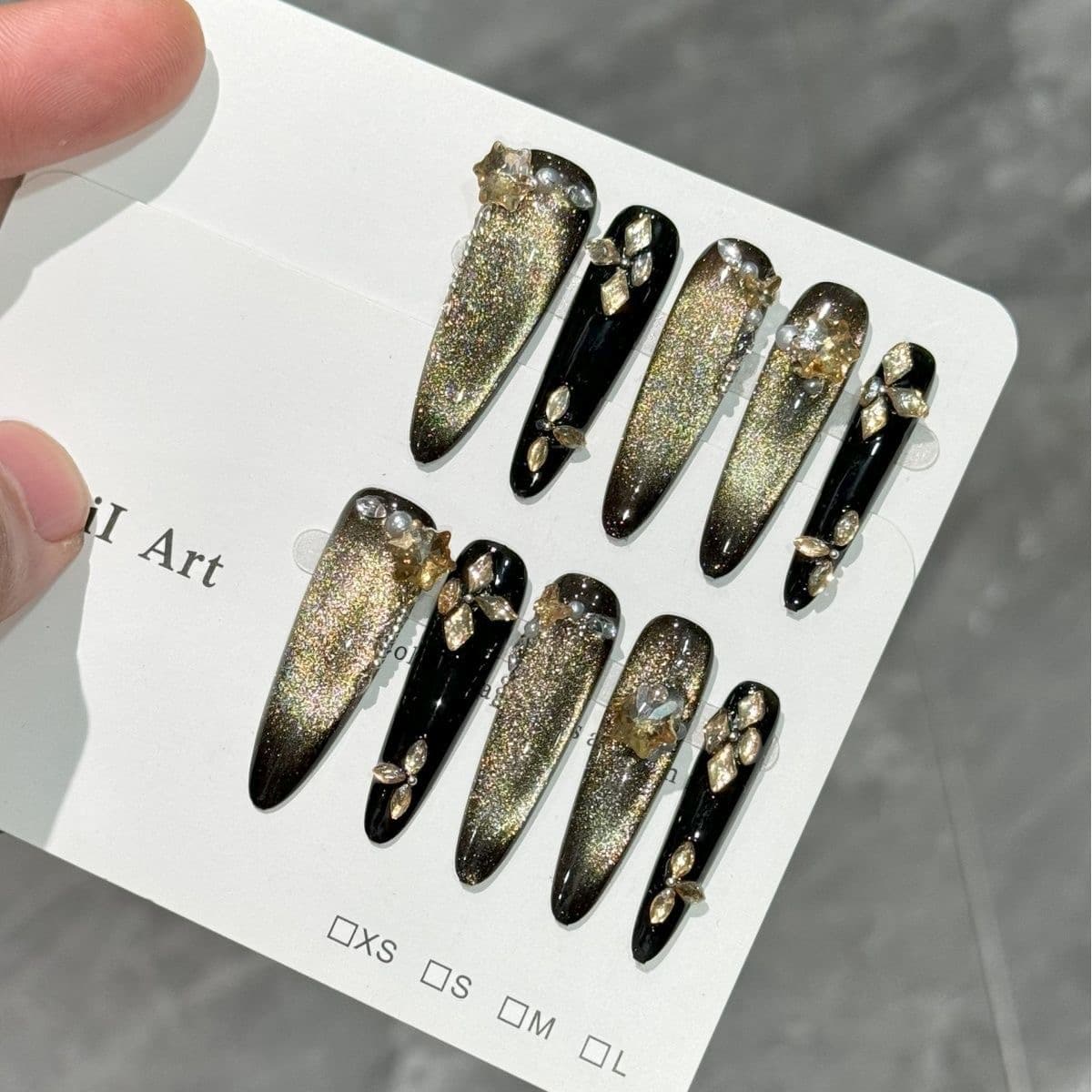 Luxury Black Silver Ombre Press On Nails 3D Crystal Rhinestone Glam Coffin Set image