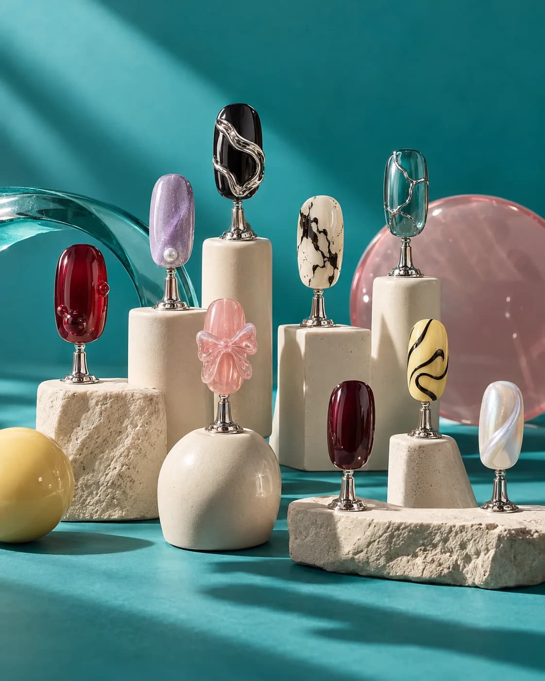 GLAZEM campaign concept: sculptural nail art displayed on chrome and ceramic plinths against a teal gallery backdrop