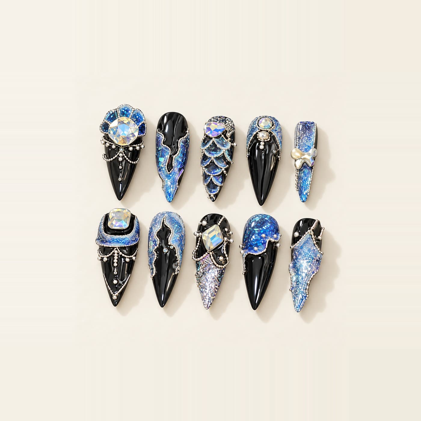 Ocean Mermaid Pearl Chain Press-On Nails – Iridescent Marine Shimmer & Draped Pearls | Handmade Nail Art image
