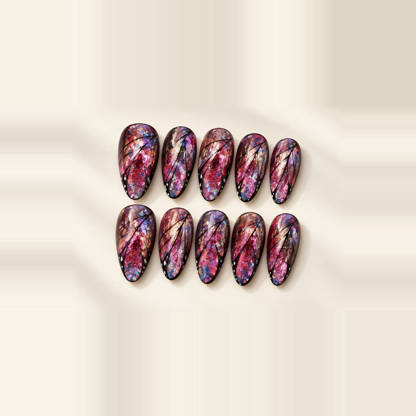 Crimson Butterfly Nebula Press-On Nails – Blood-Red Gauze & Laser Swirls | Handmade Nail Art image