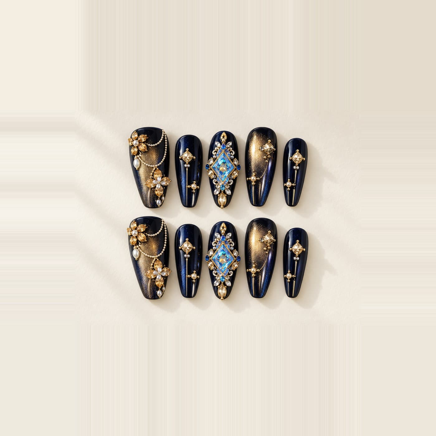 Jewel Merchant's Daughter Press-On Nails – Sapphire & Gold Filigree Regal Set | Handmade Nail Art image