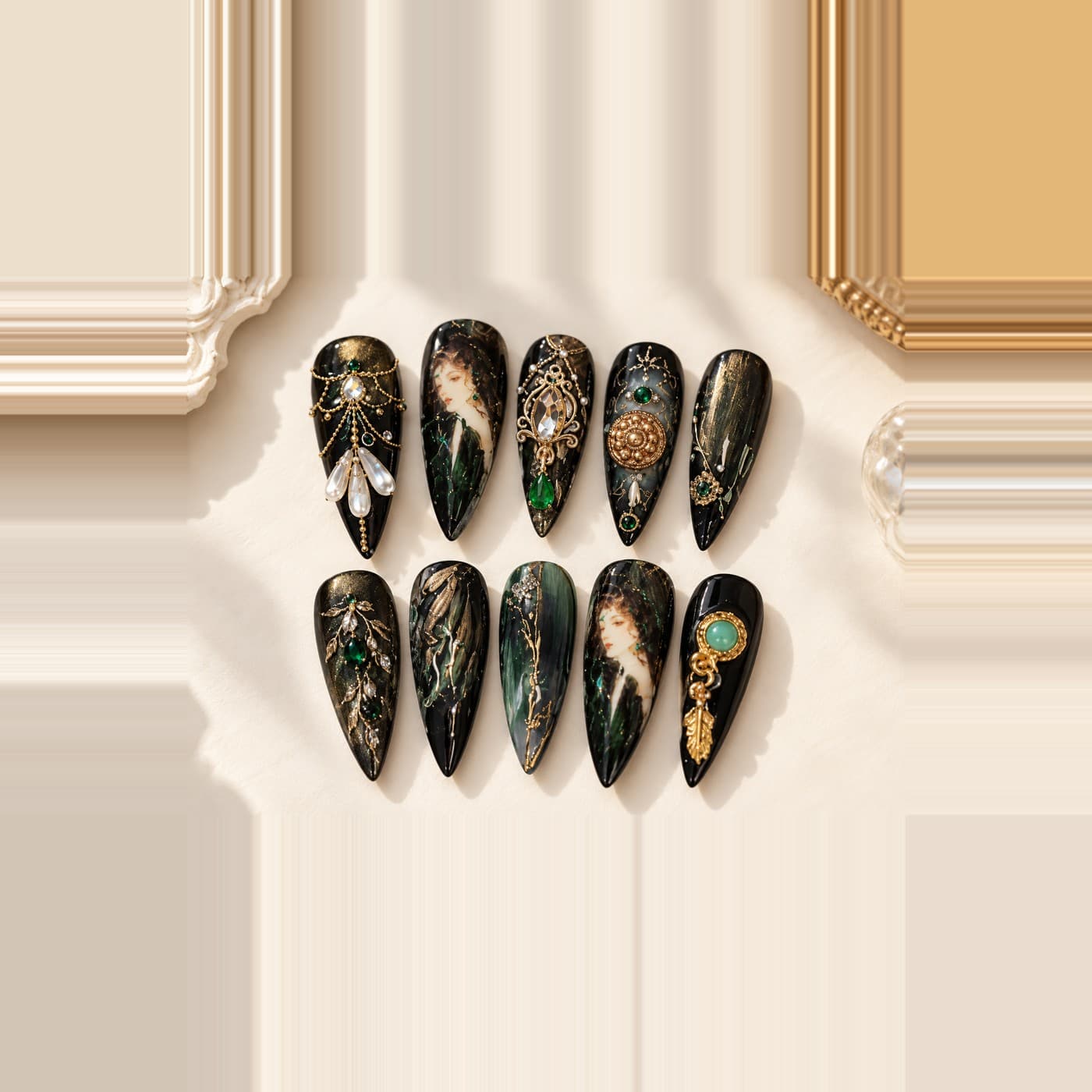 Oil-Painting Princess Press-On Nails – Palace Green & Diamond Noble Set | Handmade Nail Art image