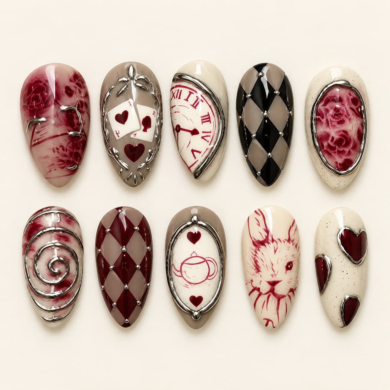 GLAZEM Gothic Wonderland Clock & Card Almond Press-On Nails — 30 Piece Set image