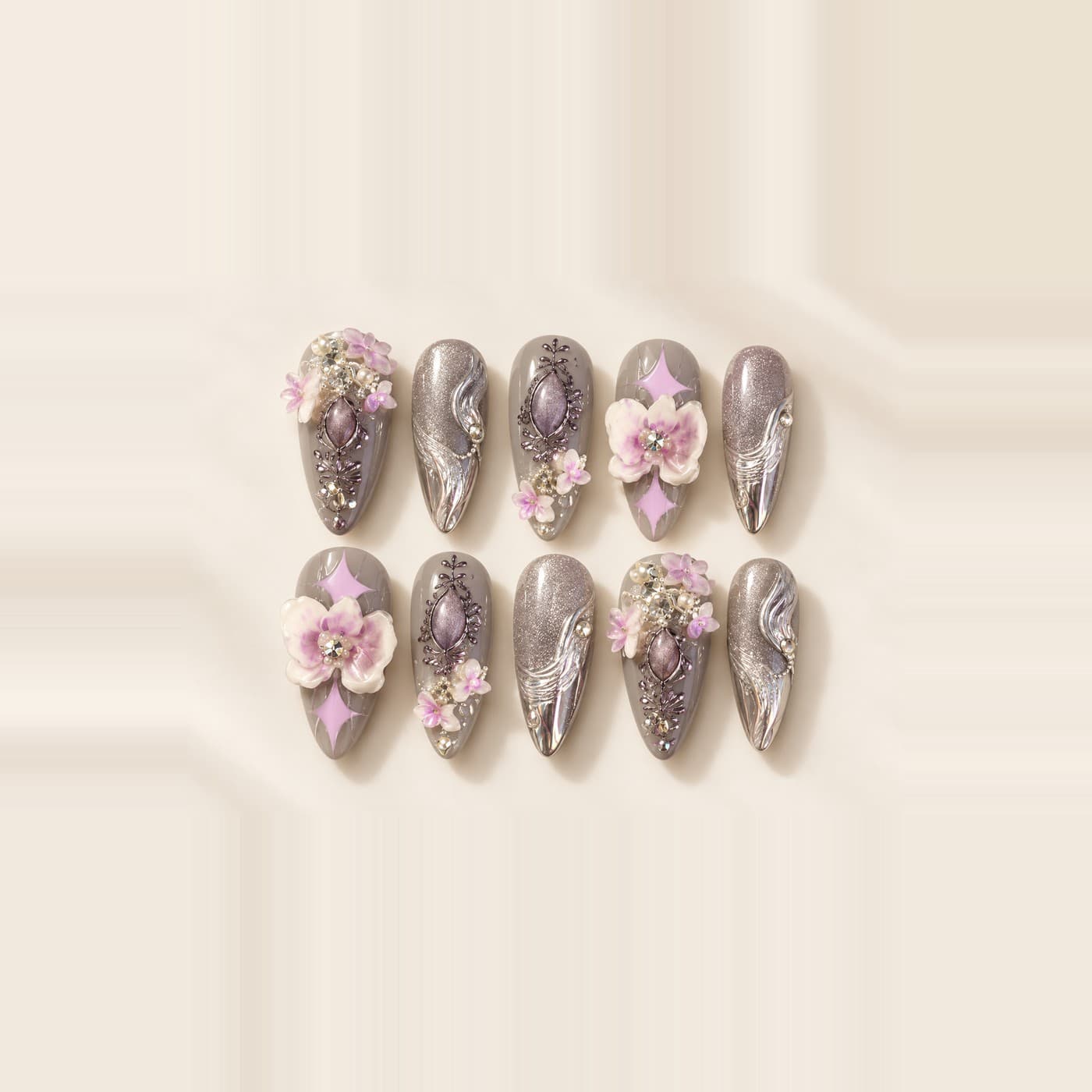 Hand-Carved Petal Dream Press-On Nails – Sculpted 3D Flower Ladylike Set | Handmade Nail Art image