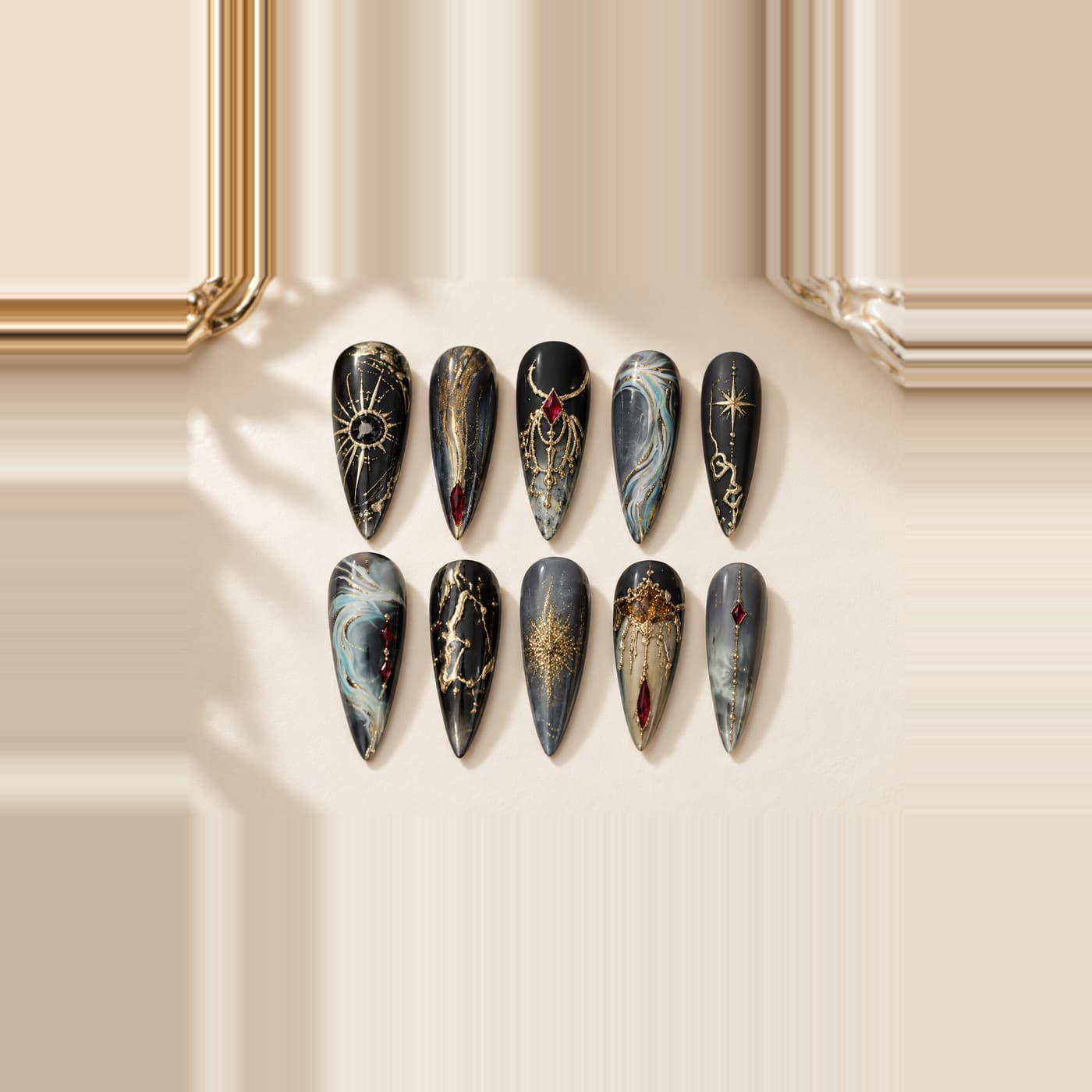 Gilt Night Banquet Press-On Nails – Liquid Gold & Red Diamond Retro Set | Handmade Nail Art image