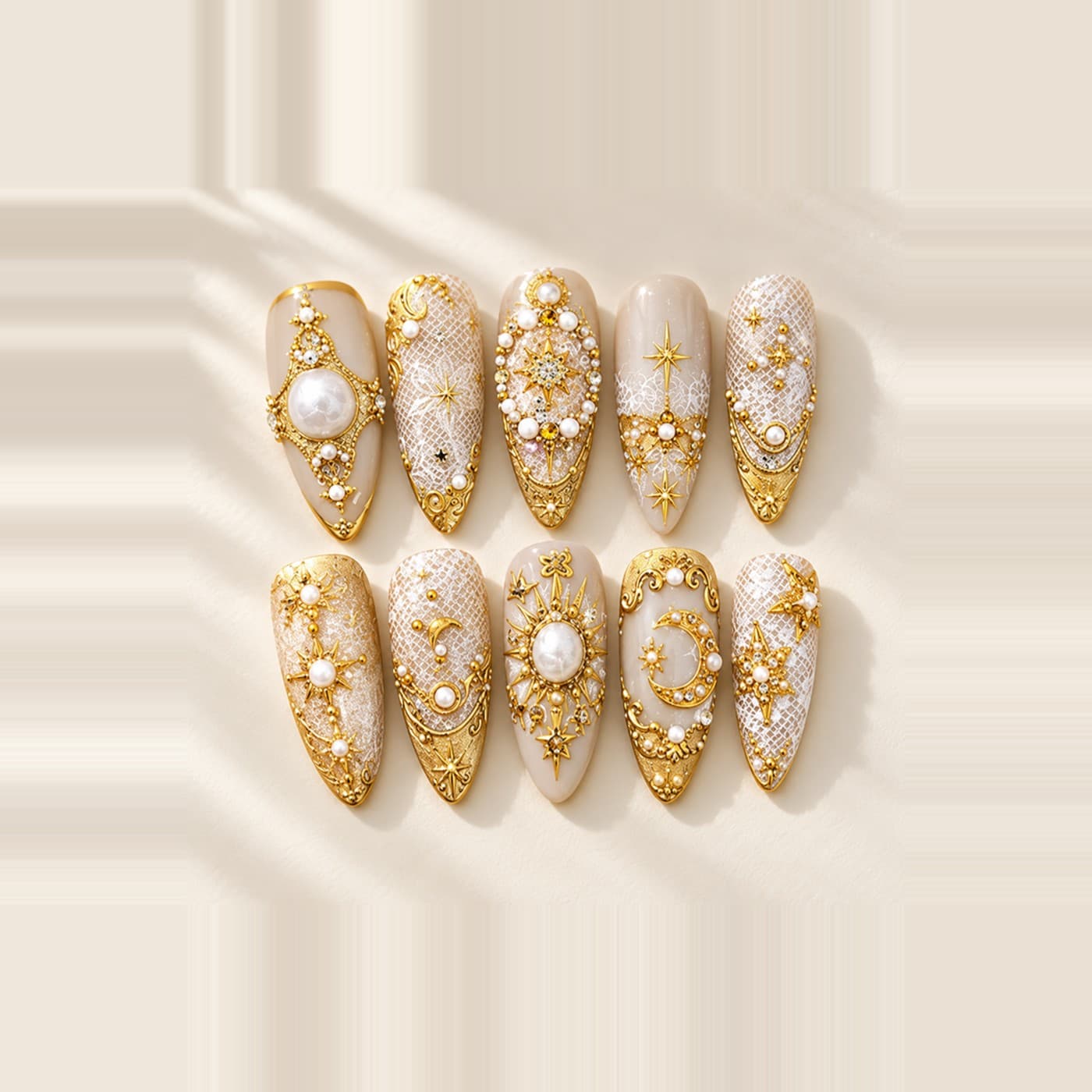 Retro Star & Moon Lace Press-On Nails – Pearls & Gemstone Noble Set | Handmade Nail Art image