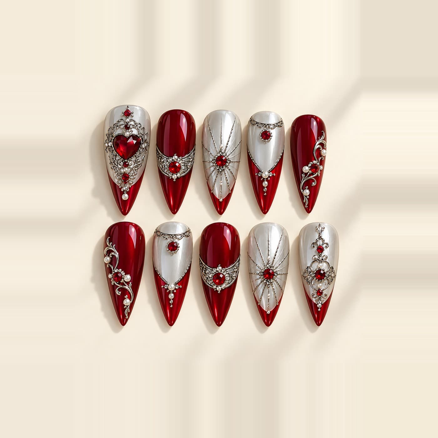Baroque Garnet Mirror Press-On Nails – Red Pearl & Gilt Festive Set | Handmade Nail Art image