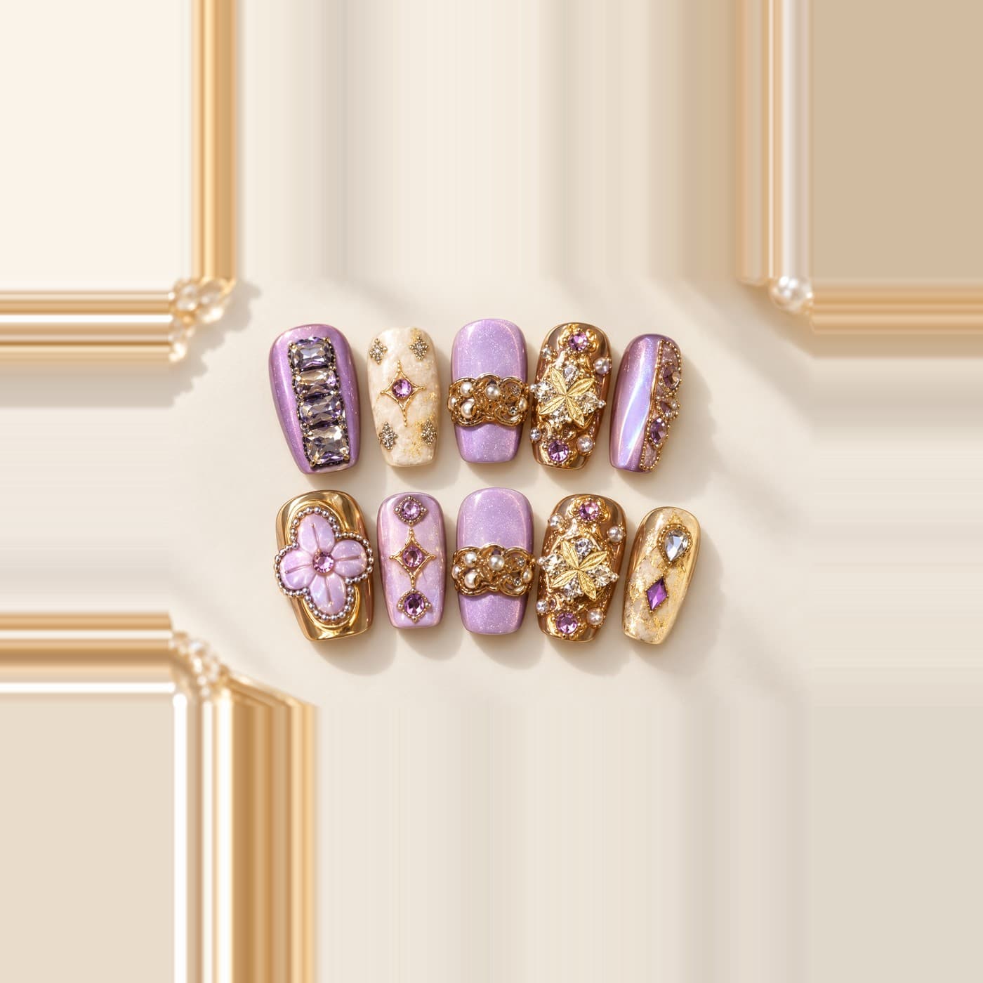 Liquid Gold Cat-Eye Press-On Nails – Purple Mist & Gold Foil Set | Handmade Nail Art image