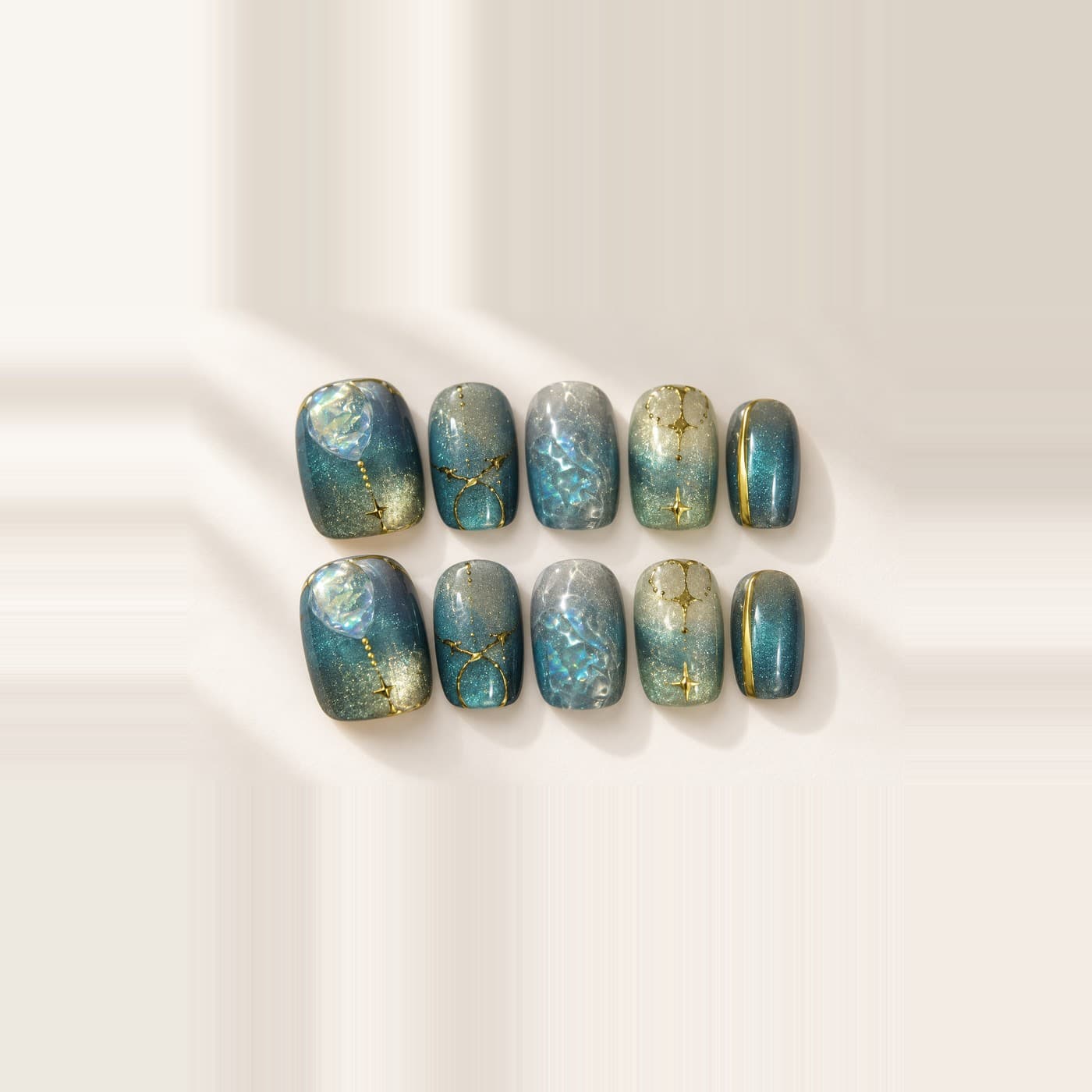 Star-Diamond Neptune Press-On Nails – Jade Ripple Water Set | Handmade Nail Art image