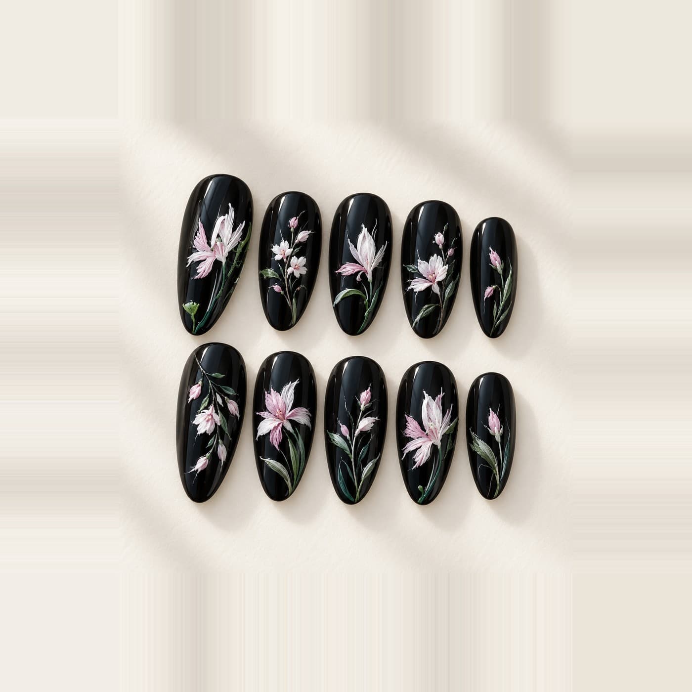 Silk Ink Heiress Press-On Nails – Guofeng Embroidery Ink-Wash Florals | Handmade Nail Art image