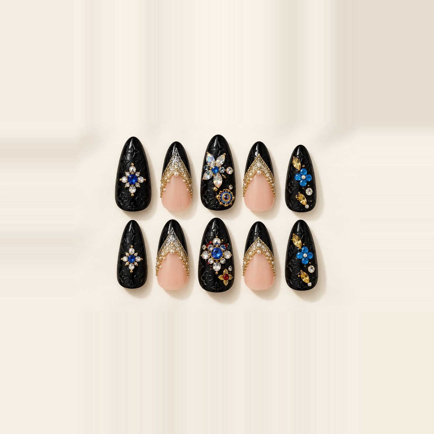 Runway Monogram Noir Press-On Nails – Old-Money Black Floral Embroidery | Handmade Nail Art image
