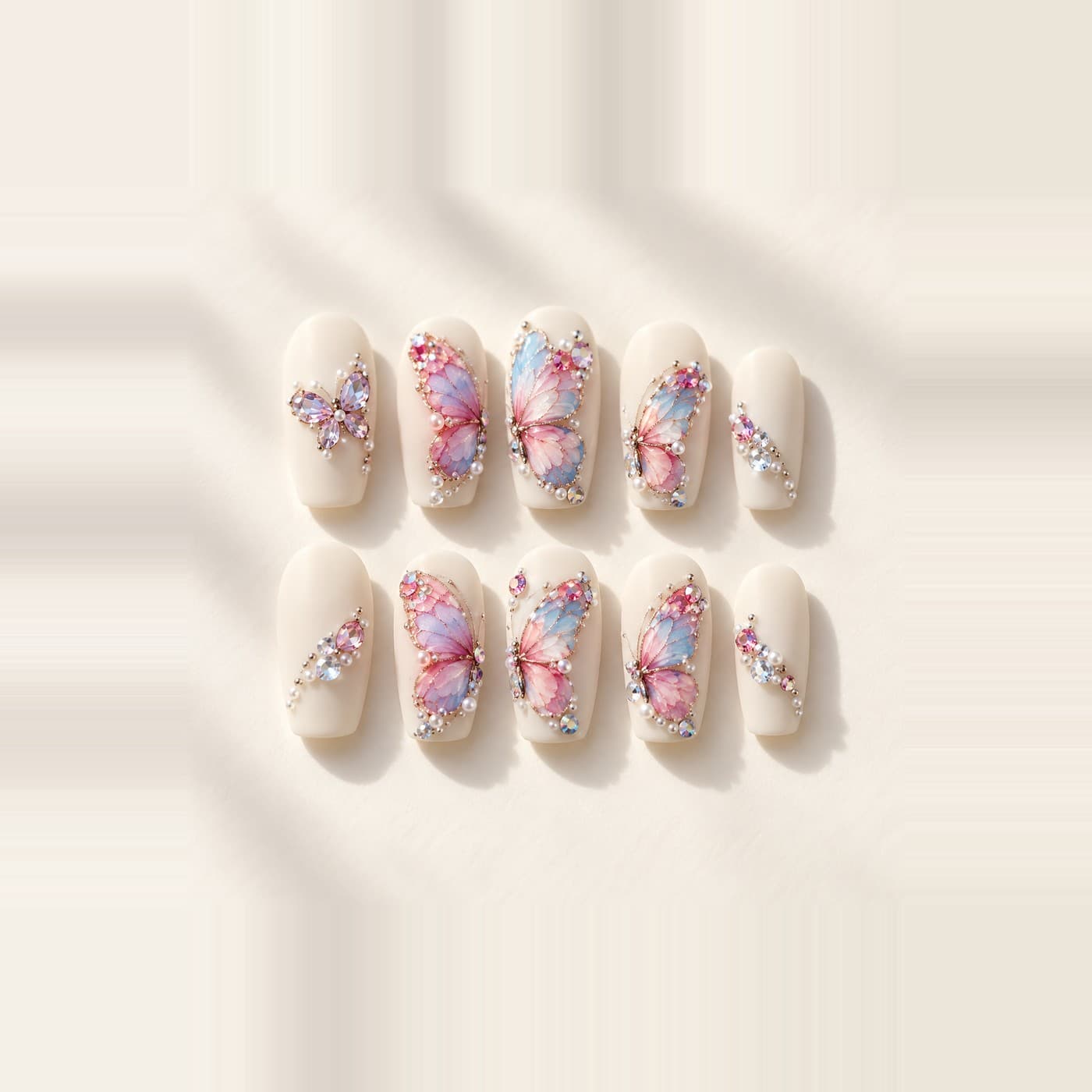 AI Butterfly Milk Veil Press-On Nails – Matte Blue-Pink Painted Wings | Handmade Nail Art image