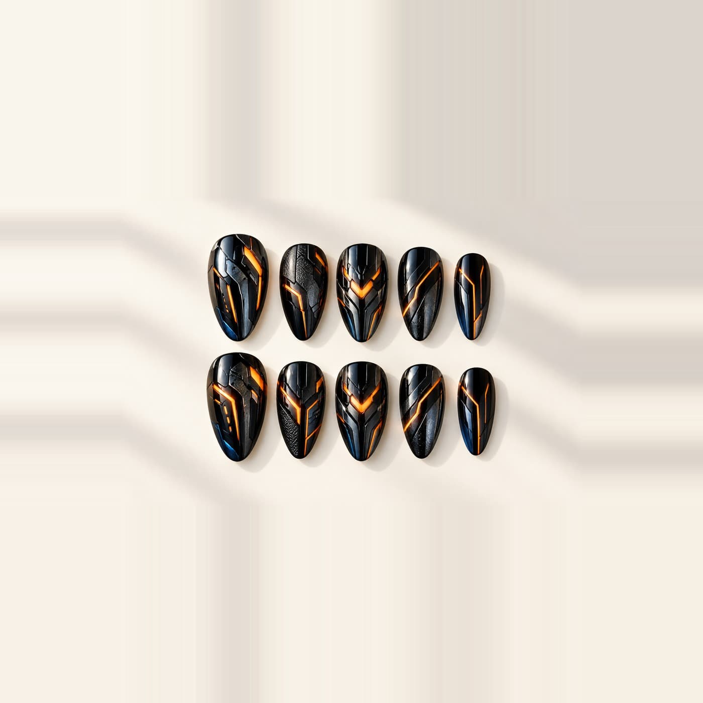 Mecha Nightfall Circuit Press-On Nails – Black-Orange Cyberpunk Lines | Handmade Nail Art image