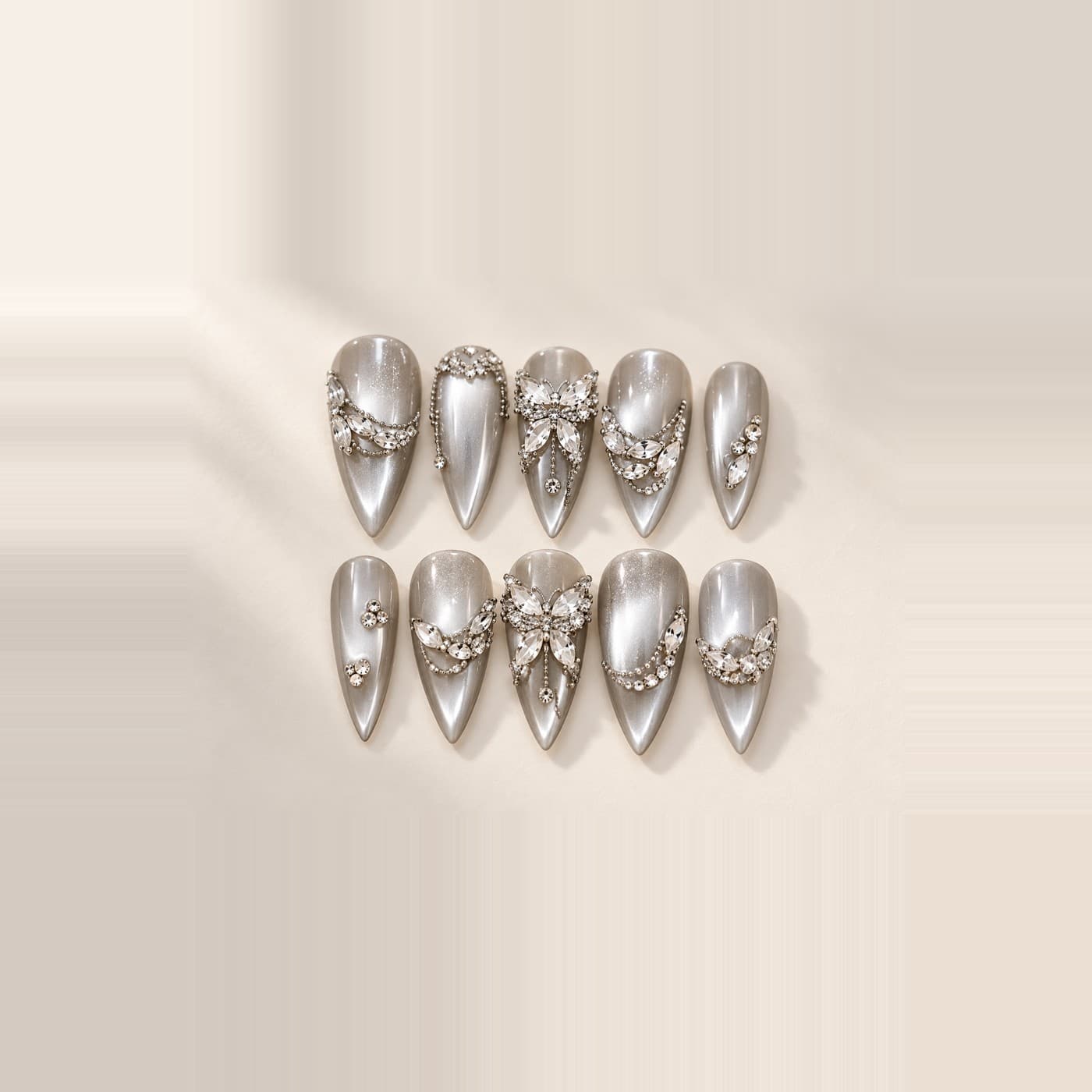 Galaxy Sovereign Cat-Eye Press-On Nails – Silver Star-Flash Butterfly | Handmade Nail Art image