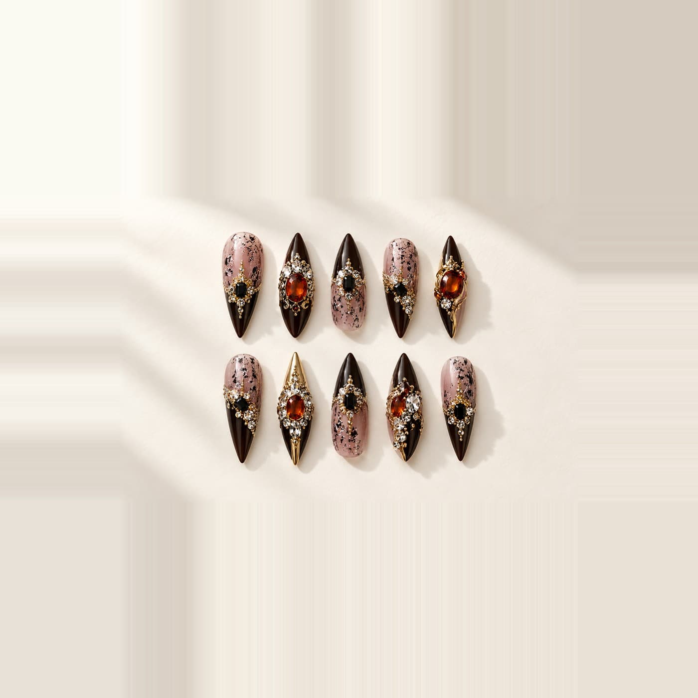 Dynasty Dark French Press-On Nails – Zircon Aristocrat Pointed | Handmade Nail Art image