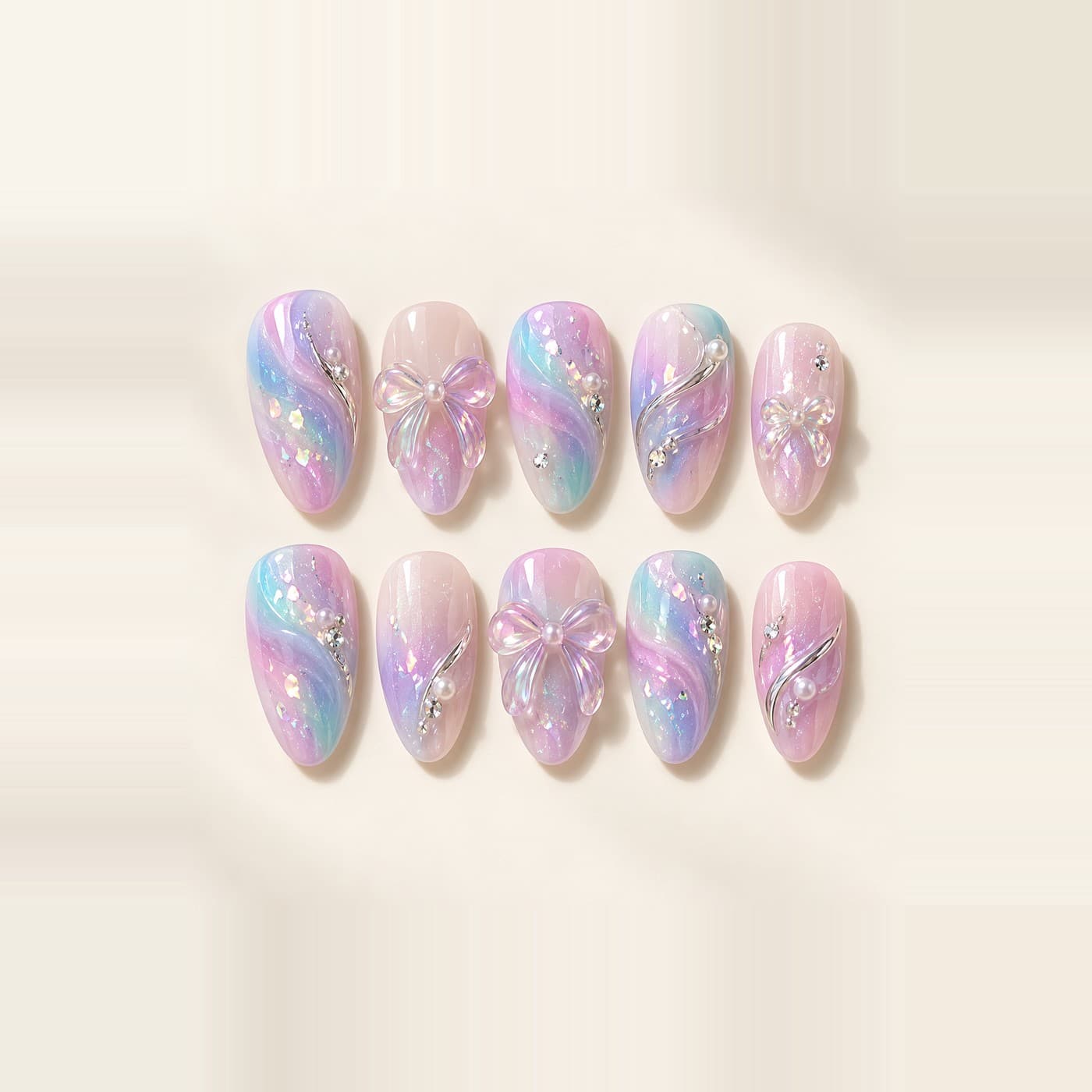 Aurora Bow Tie-Dye Press-On Nails – Sweet-Cool Cutout Spray and Aurora Bows | Handmade Nail Art image