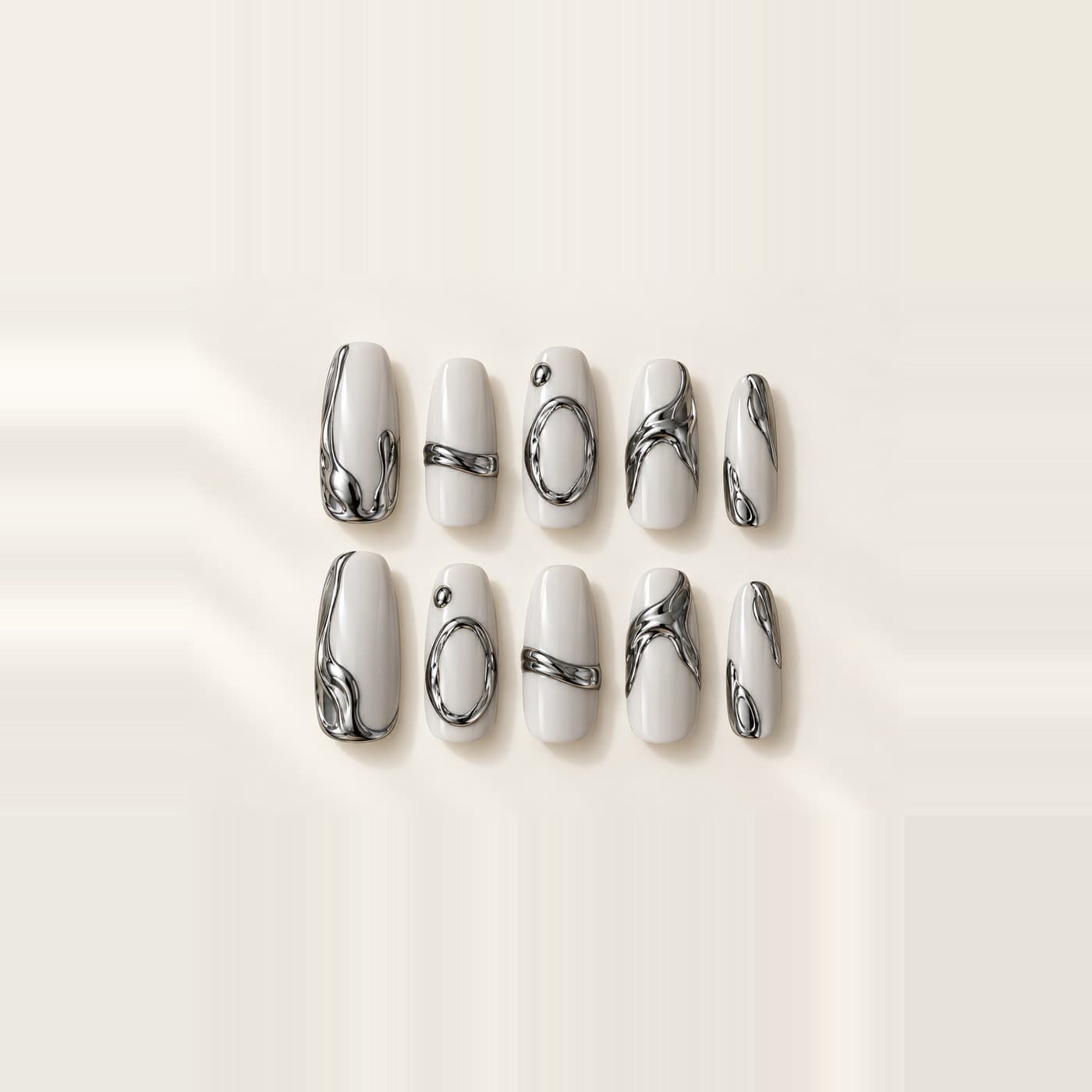 Molten Stone Vintage Press-On Nails – Dark Liquid-Metal Grey Flow | Handmade Nail Art image