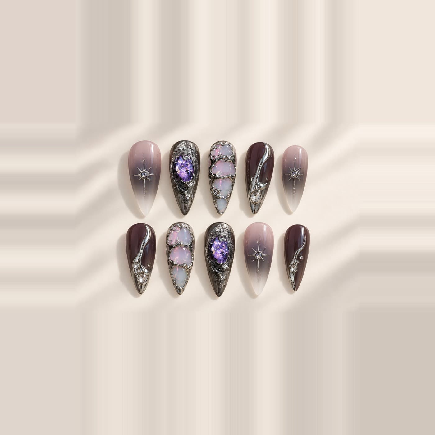 Fallen Meteorite Amethyst Press-On Nails – Cosmic Fluid-Metal Hex | Handmade Nail Art image