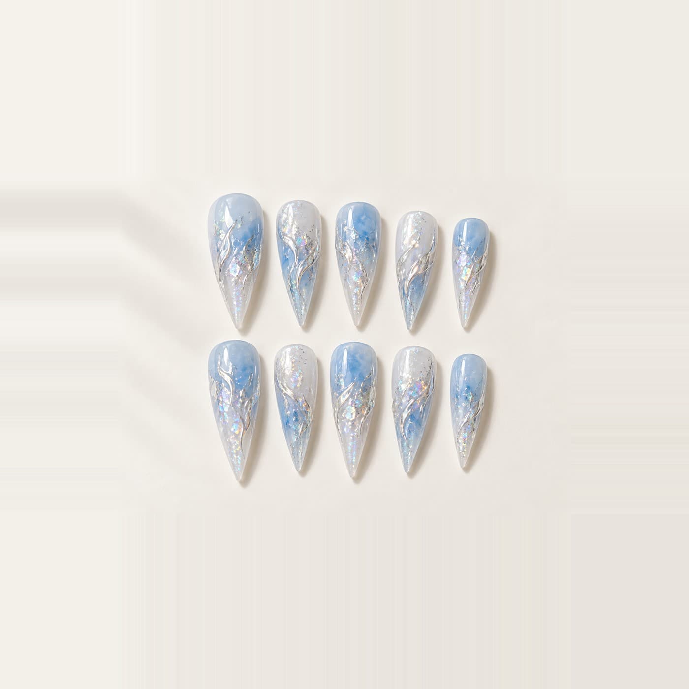 Azure Dragon Mirror Press-On Nails – Blue Scale-Flame Magic Glass | Handmade Nail Art image