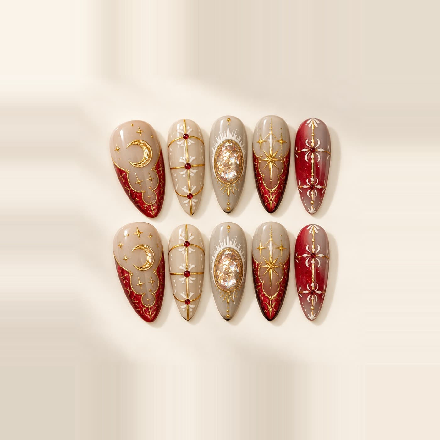 Moon Temple Totem Press-On Nails – Hand-Painted Tribal Euro-Vintage | Handmade Nail Art image