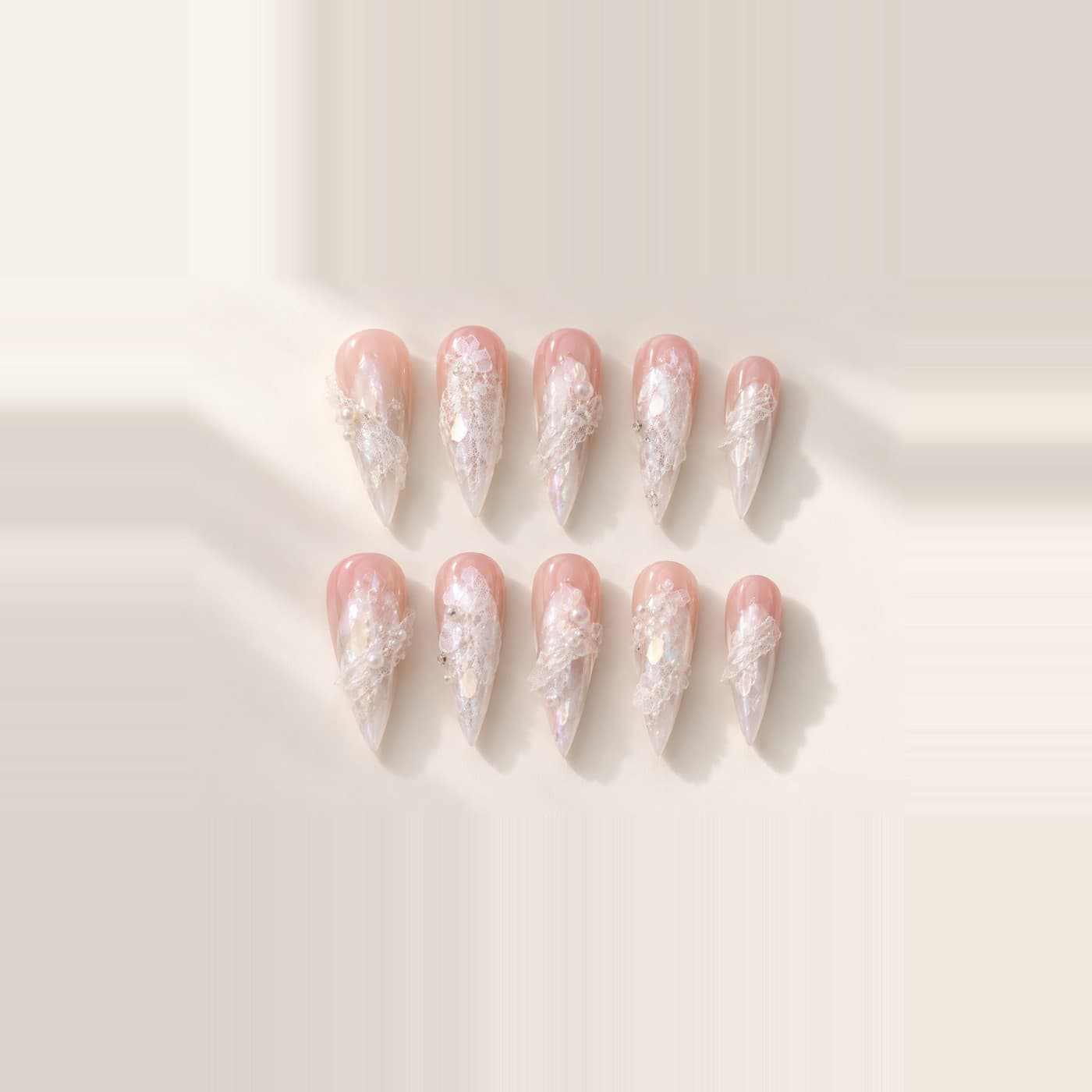 White Tea Acetate Lace Press-On Nails – Satin Nude Fairy Mix Shapes | Handmade Nail Art