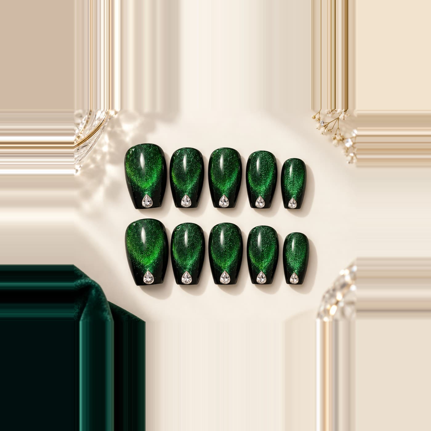 Serpent Heiress Emerald Press-On Nails – Magic-Green Teardrop Gems Dark Heroine | Handmade Nail Art