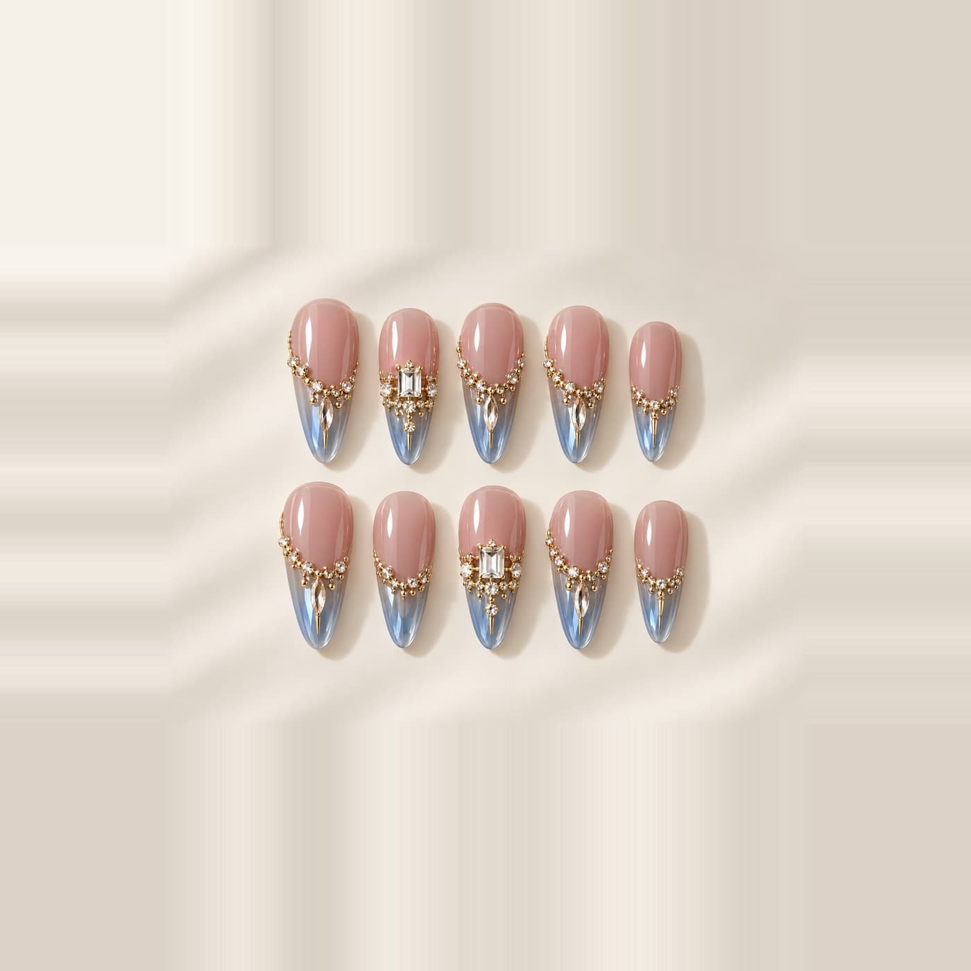 Aquamarine Duchess Press-On Nails – Champagne Gold Jewel Long Oval | Handmade Nail Art