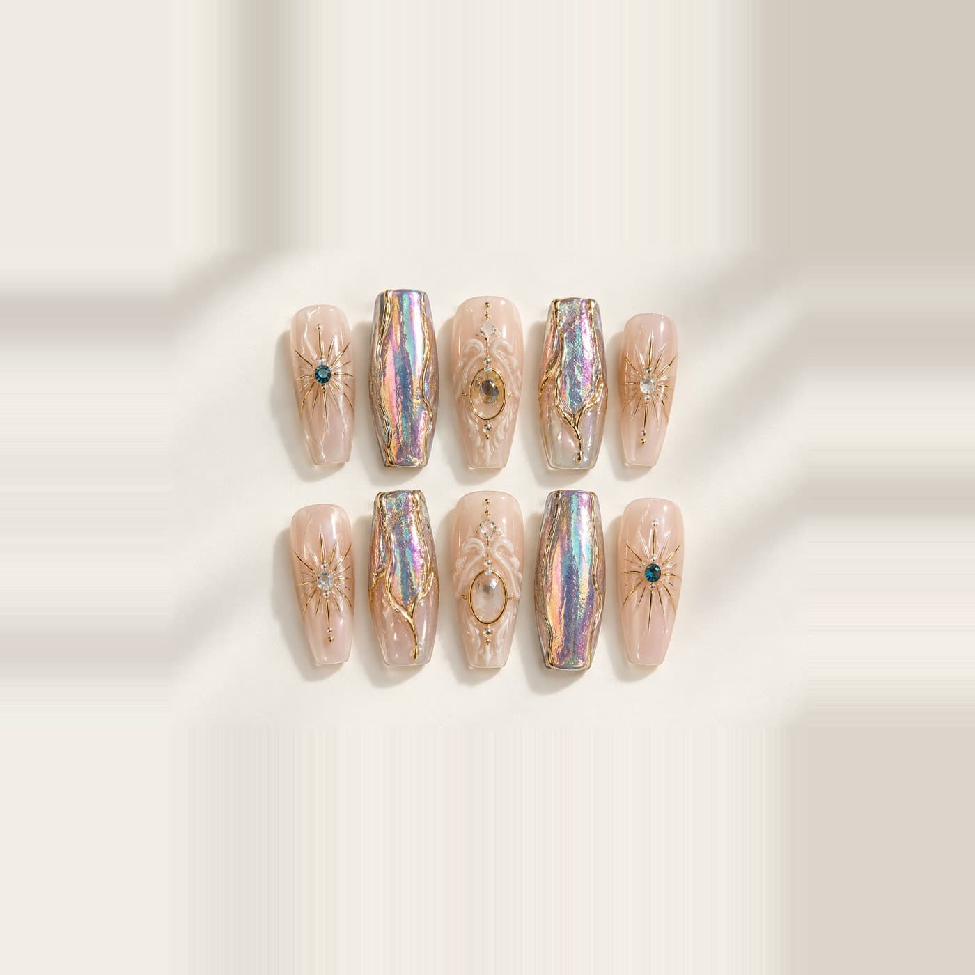 Greek Fountain Baddie Press-On Nails – Metal Aurora Palace Relief Murals | Handmade Nail Art