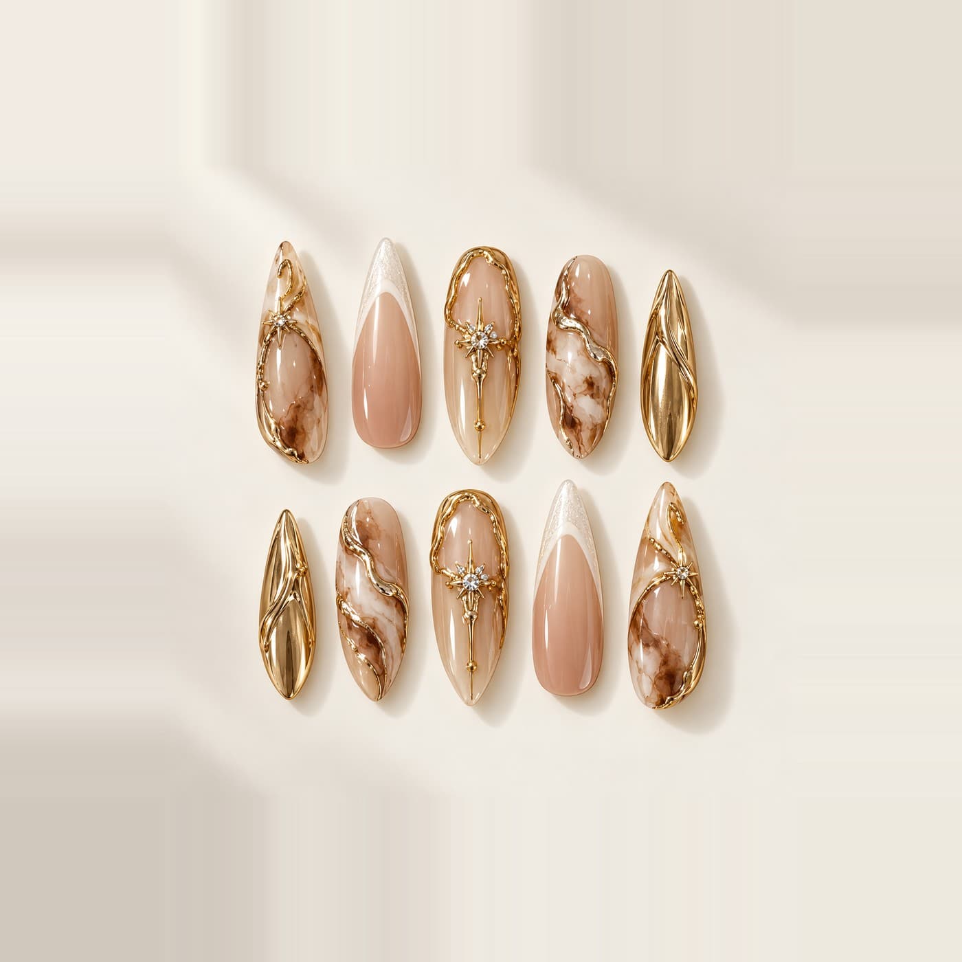 Decadent Melbourne Press-On Nails – Smudged Gold-Star Texture, Early-Autumn Glam | Handmade Nail Art