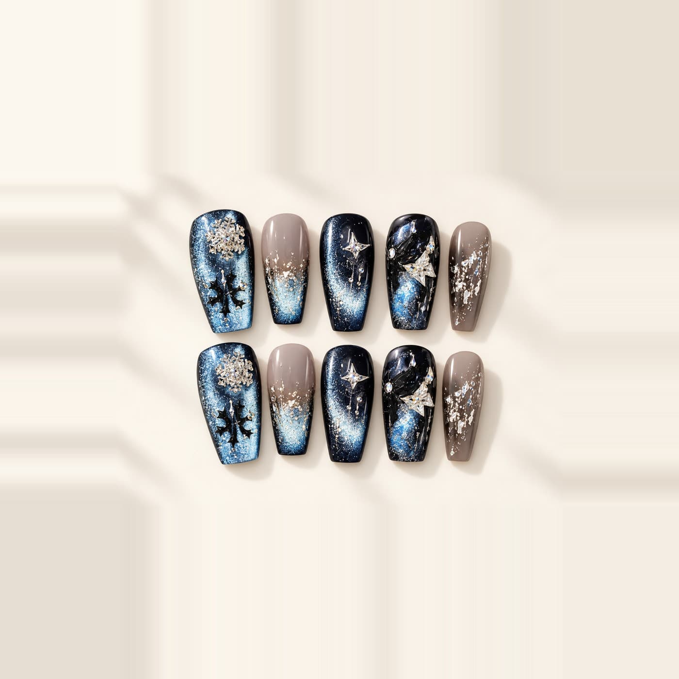 Snow Maiden Ice Press-On Nails – Christmas Ice-Blue Cat-Eye & Star Diamonds | Handmade Nail Art